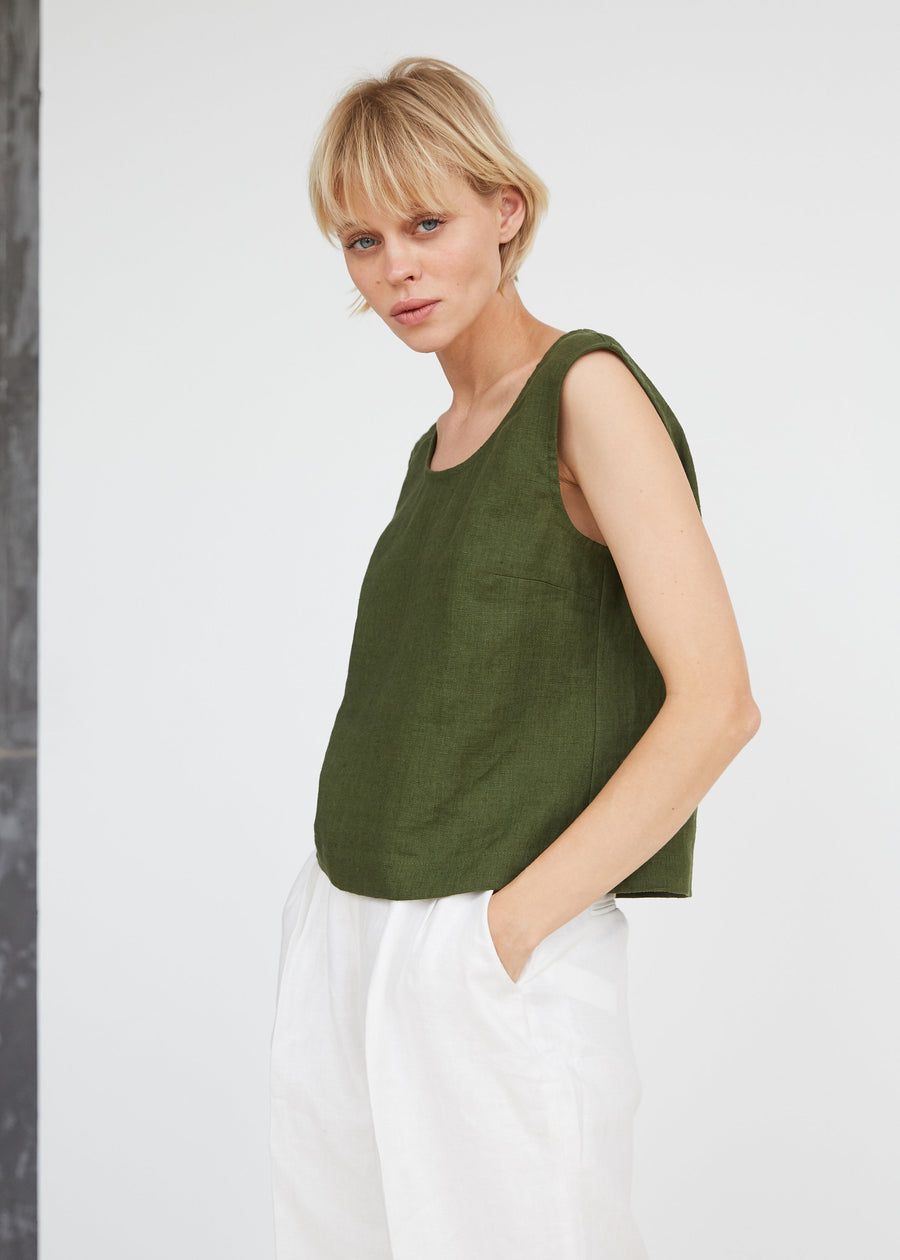 Dark Green Linen Crop Top