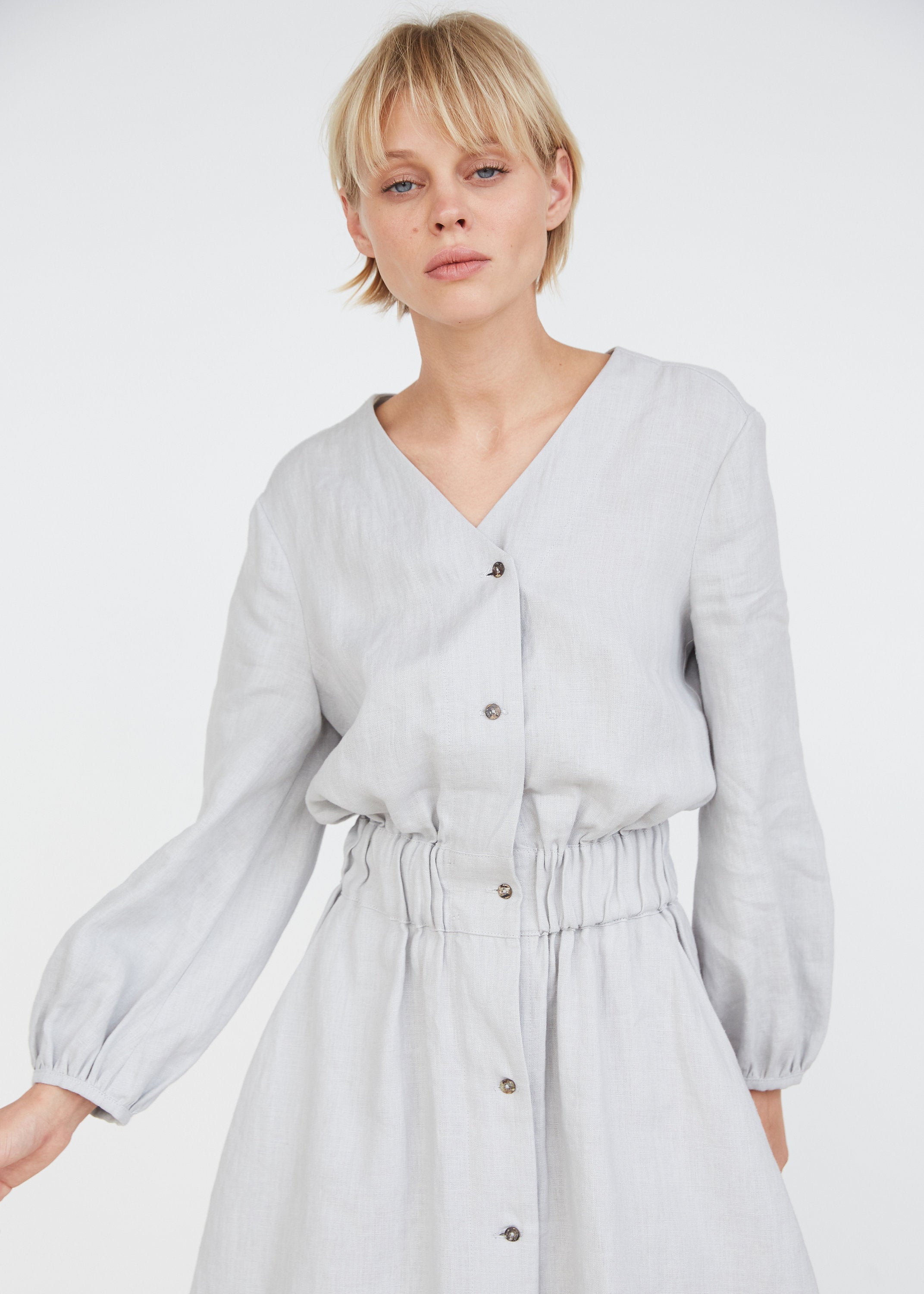 Cloud Gray Linen Dress With Buttons