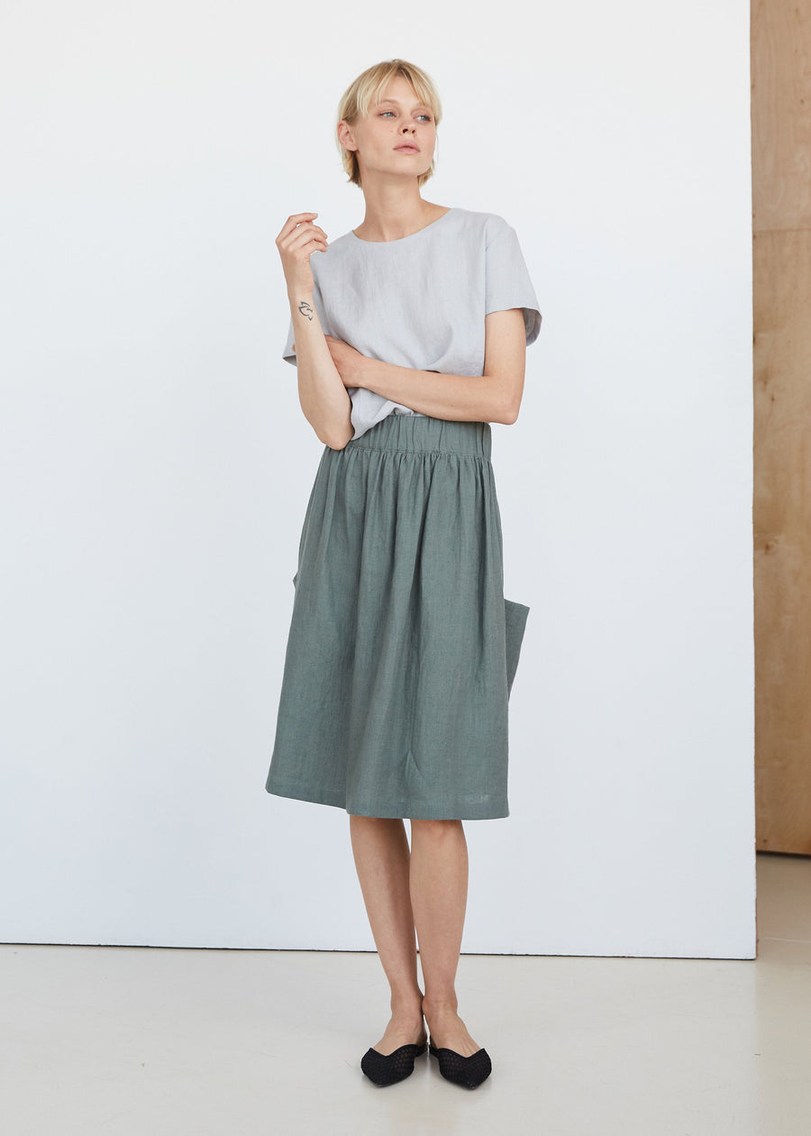 Dark Green Linen Skirt With Pockets