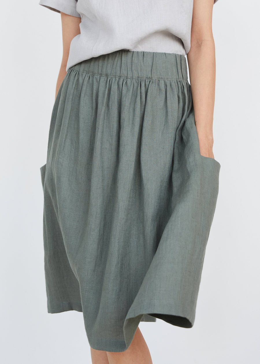 Dark Green Linen Skirt With Pockets