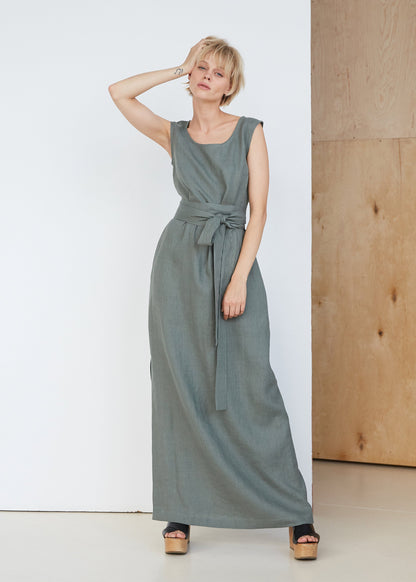 Safari Green Long Linen Dress