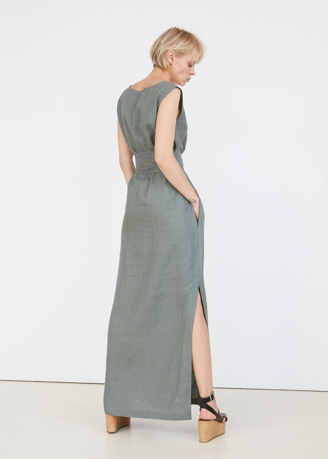 Safari Green Long Linen Dress