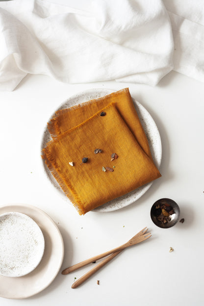 Mustard Fringed Linen Napkins Set Of 2