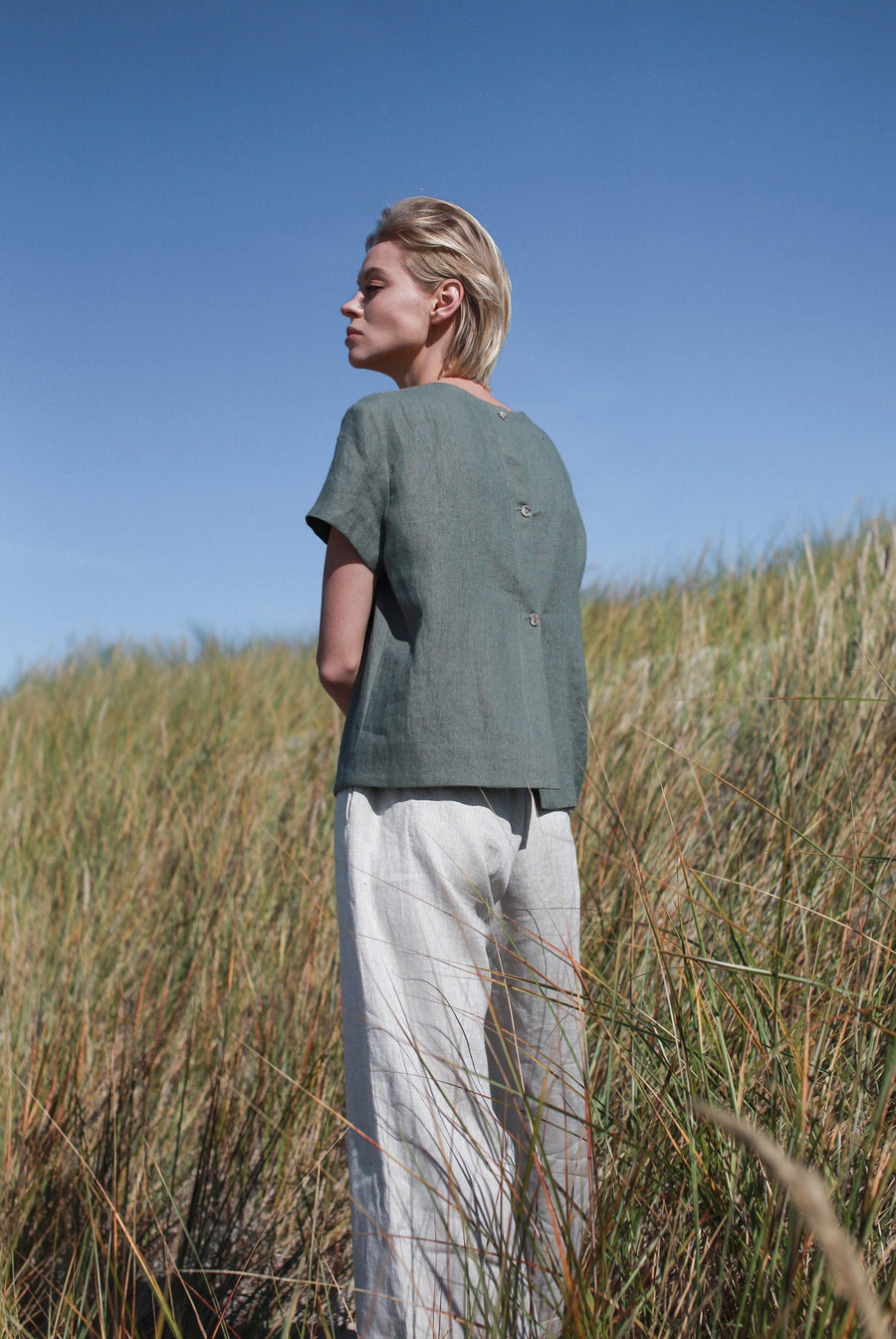 Sarafi Green Linen Top With Buttons