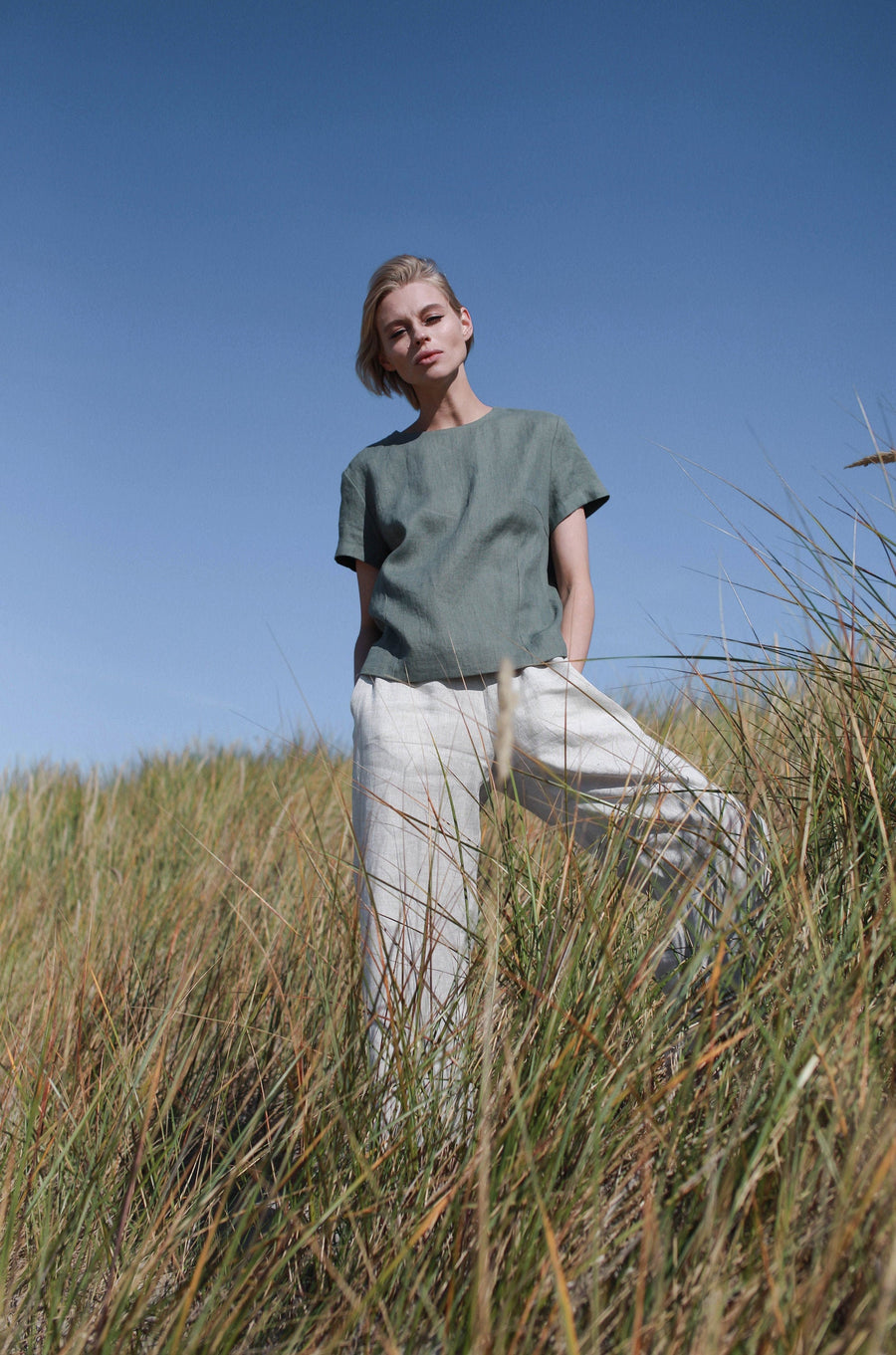 Sarafi Green Linen Top With Buttons