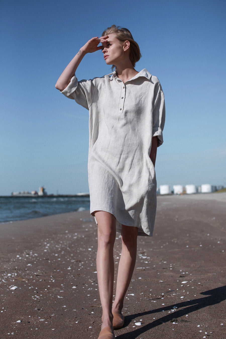 Safari Green Linen Shirt Dress