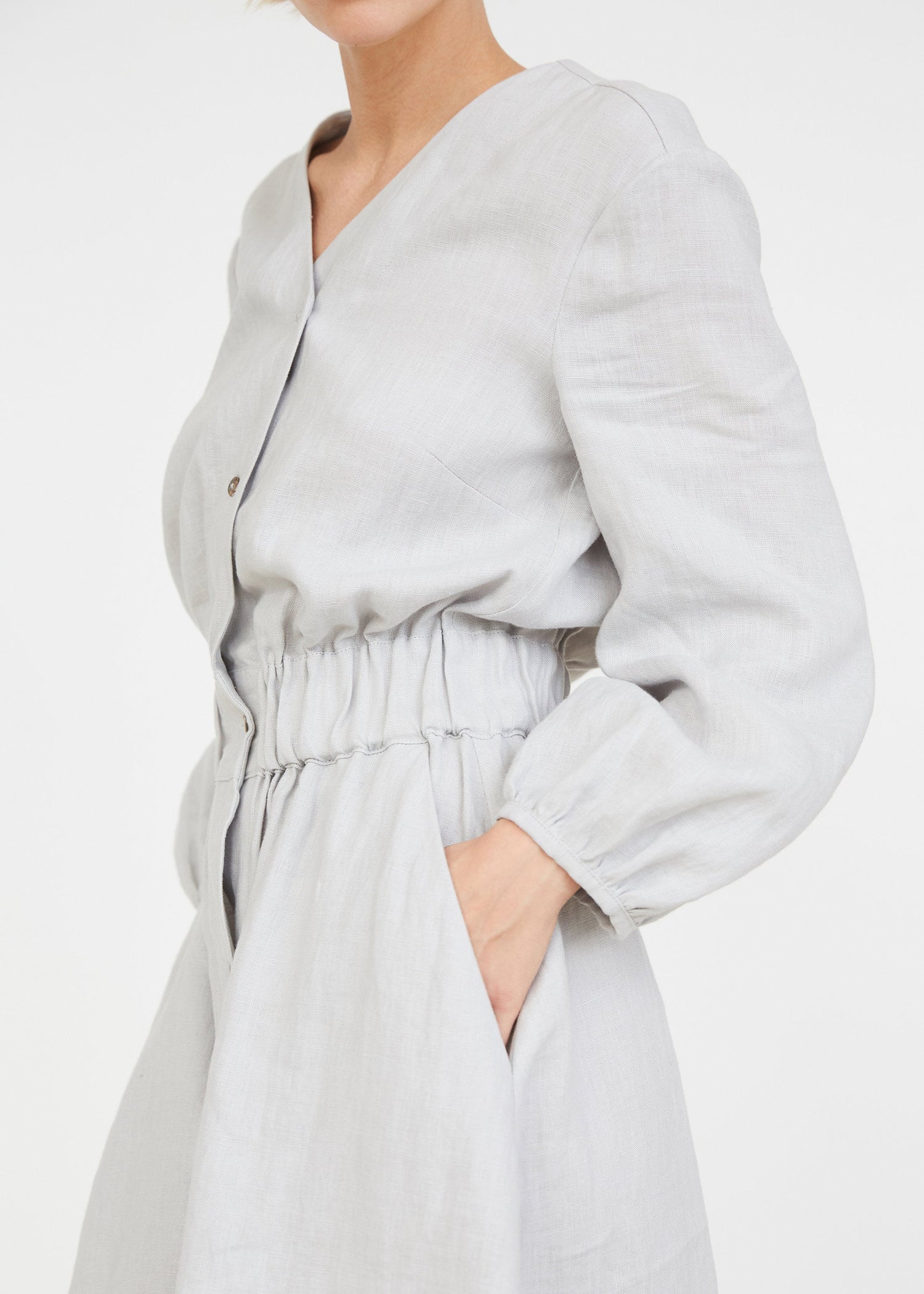 Cloud Gray Linen Dress With Buttons
