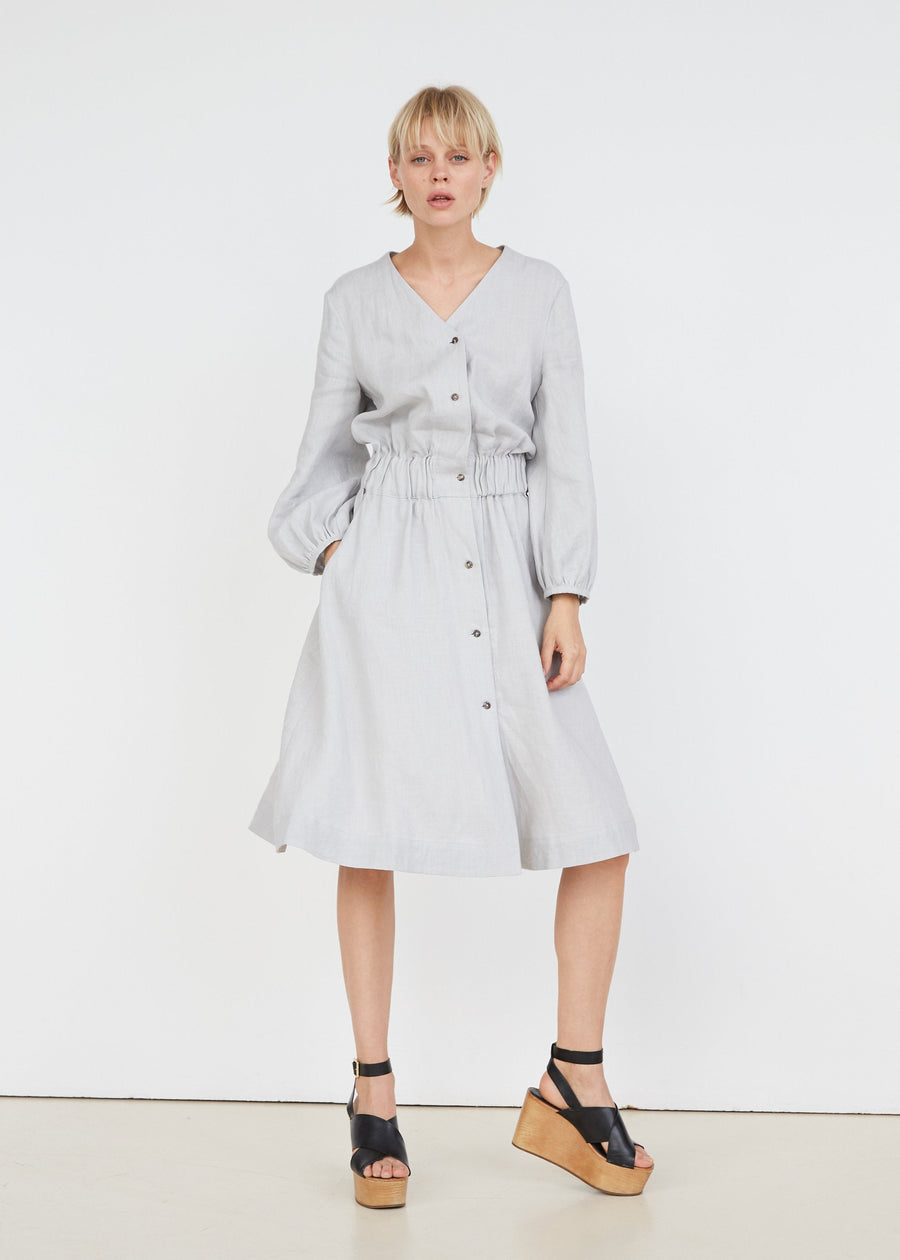 Cloud Gray Linen Dress With Buttons