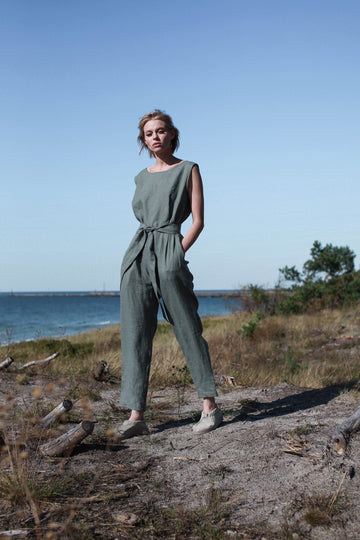 Safari Green Linen Jumpsuit