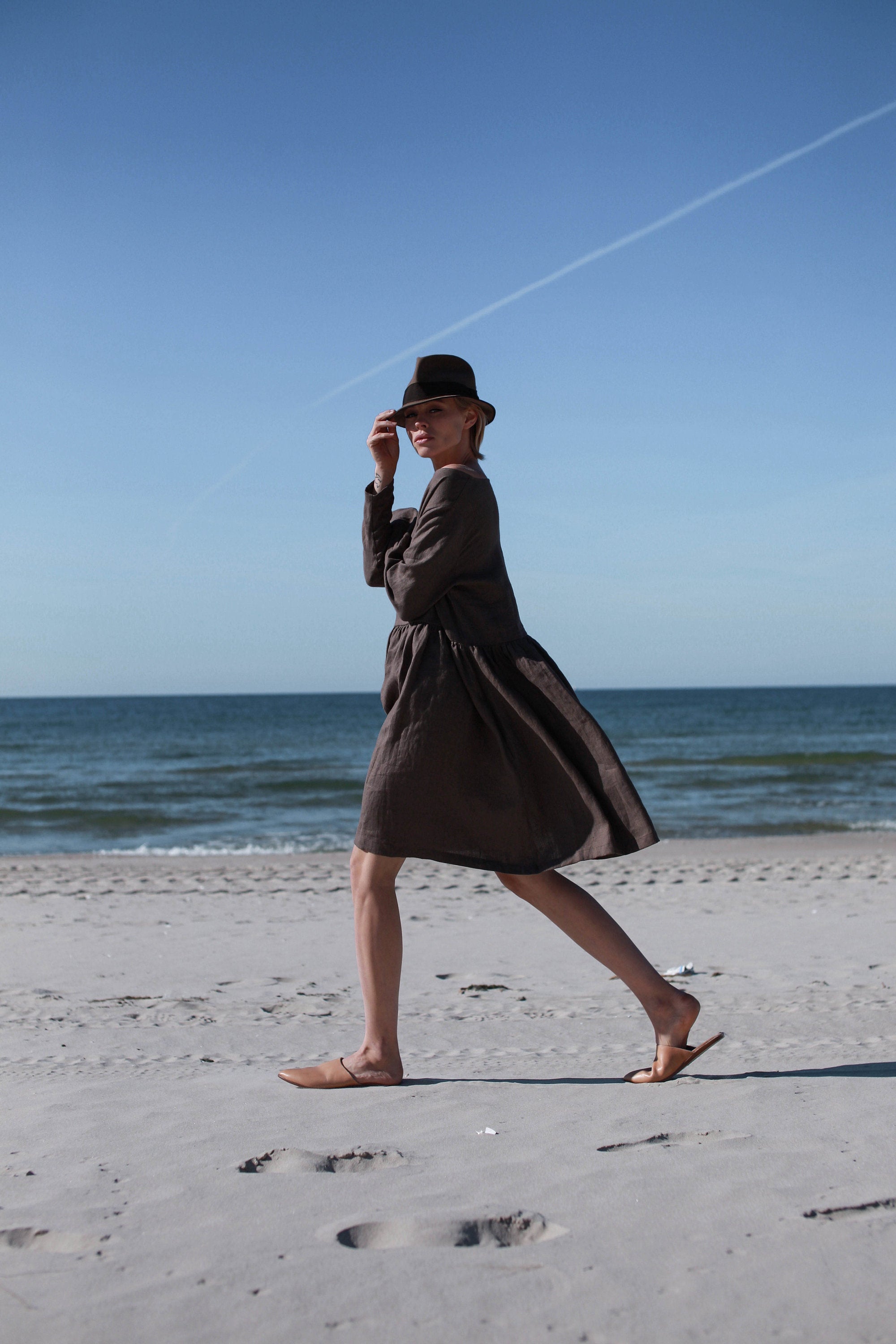 Walnut Brown Linen Dress With Long Sleeves