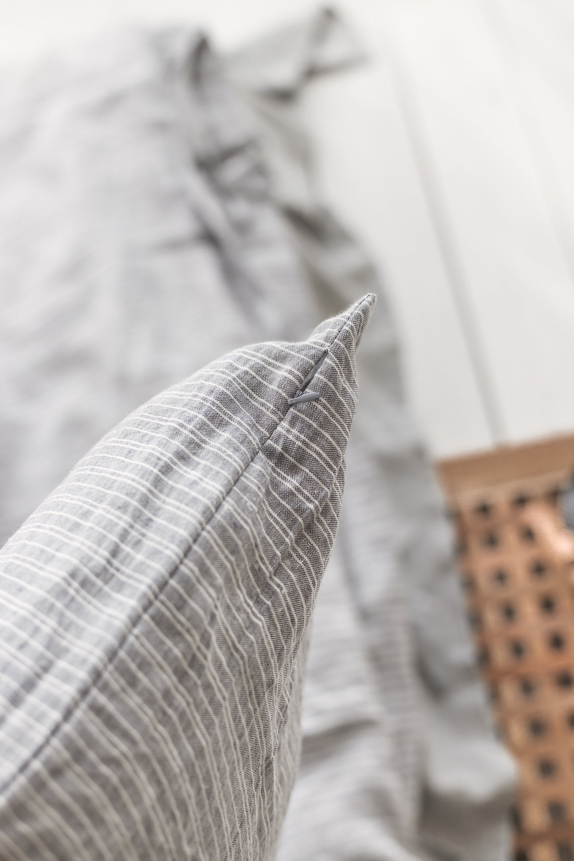 Set Of Striped Gray Linen Duvet Cover And 2 Pillow Cases