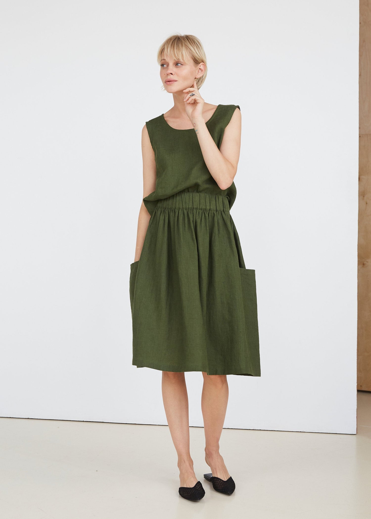 Dark Green Linen Skirt