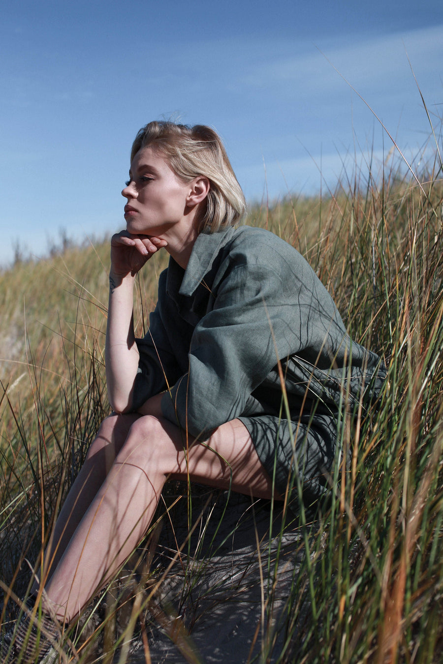 Safari Green Linen Shirt Dress