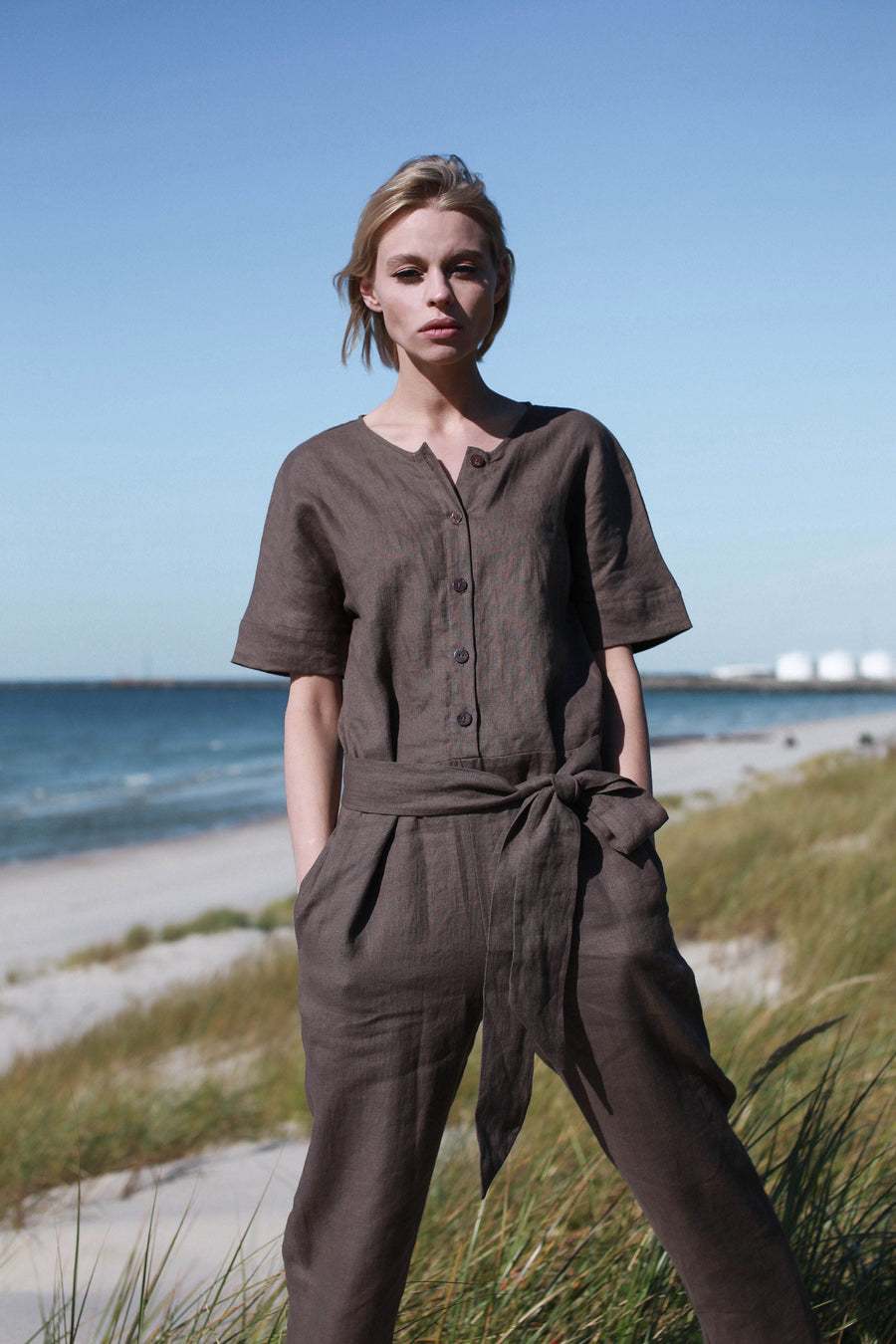 Walnut Brown Linen Jumpsuit