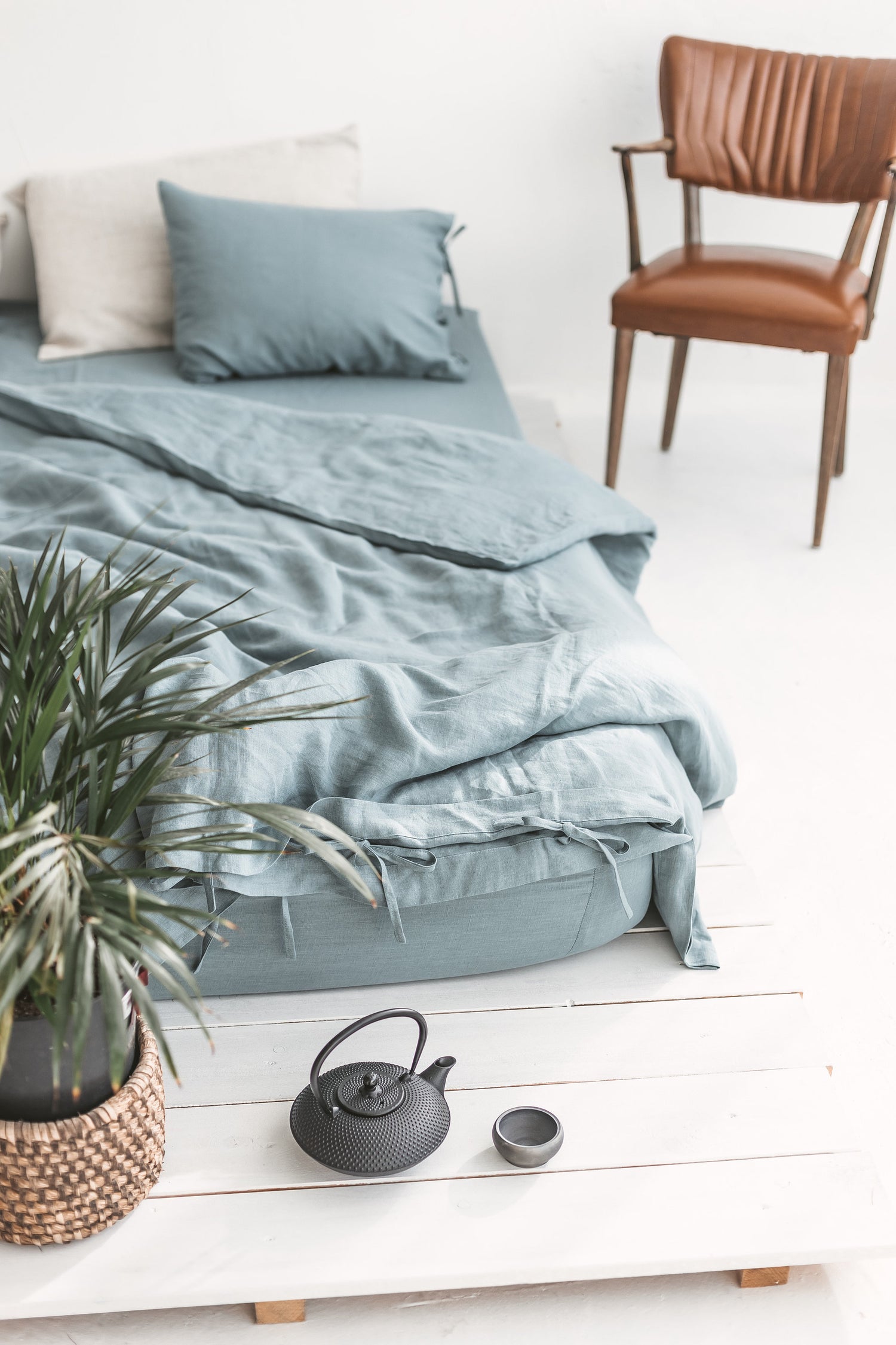 Set Of Dusty Aqua Linen Duvet Cover And 2 Pillow Cases