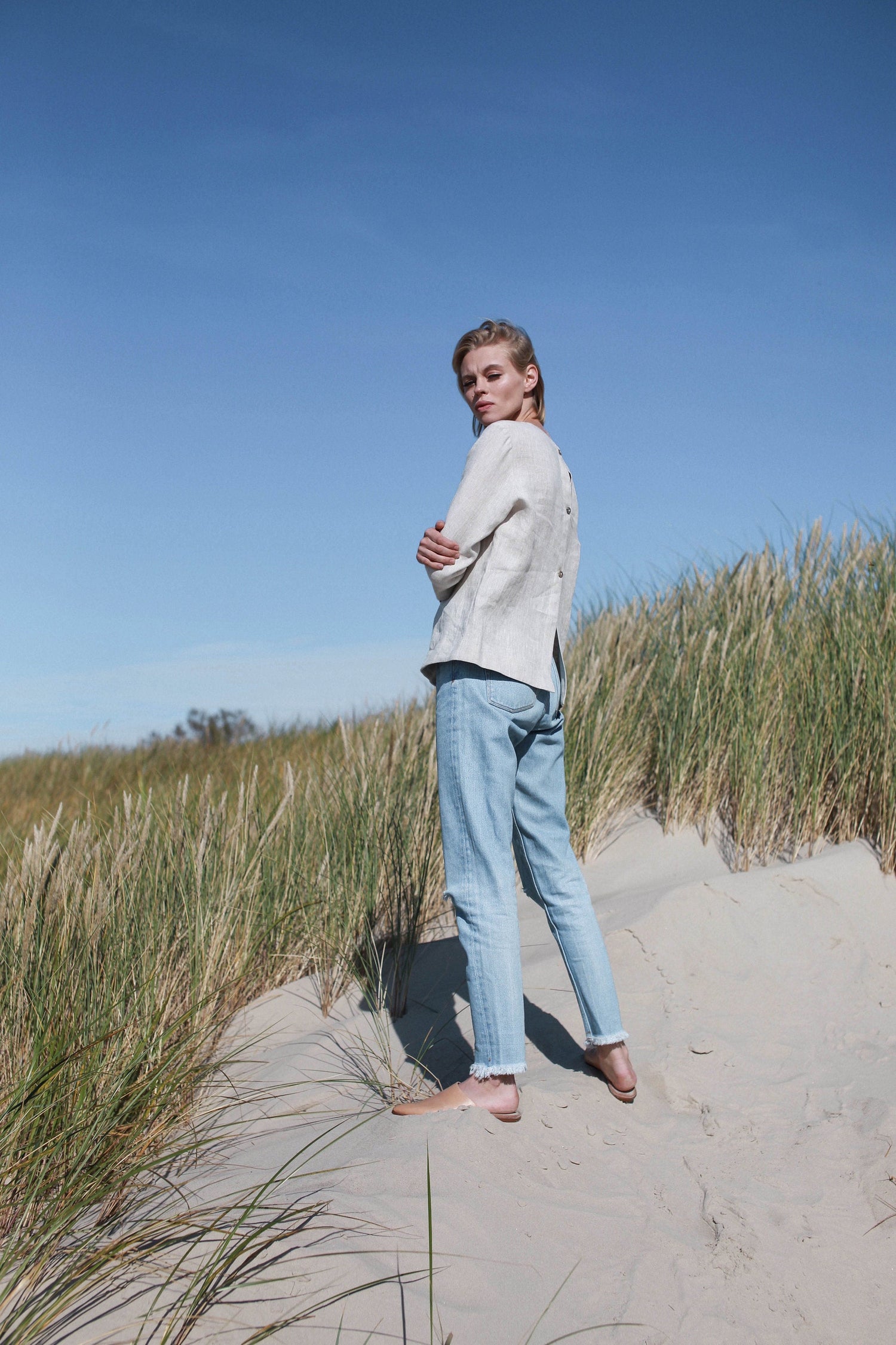 Natural Light Linen Top With Buttons