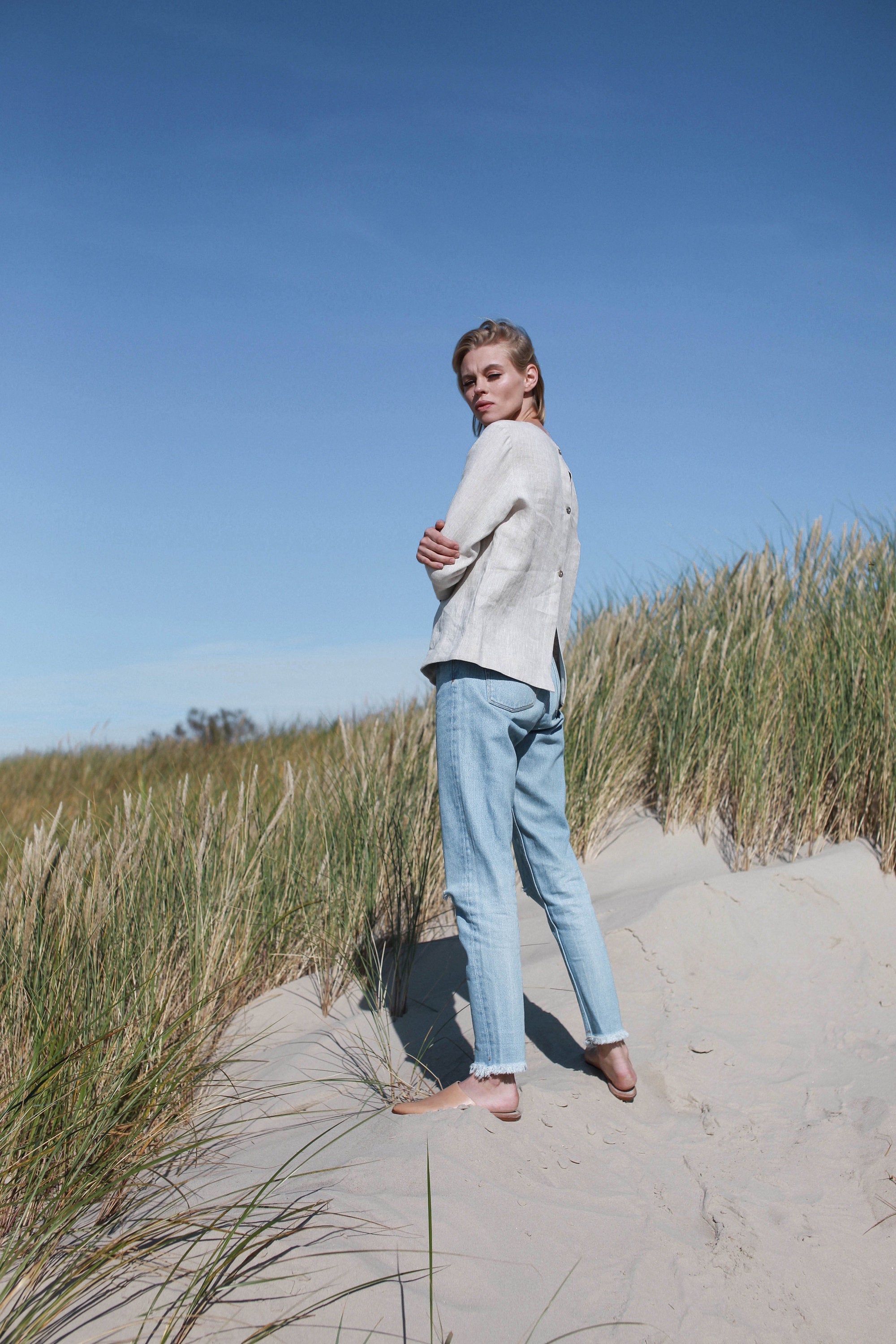 Natural Light Linen Top With Buttons