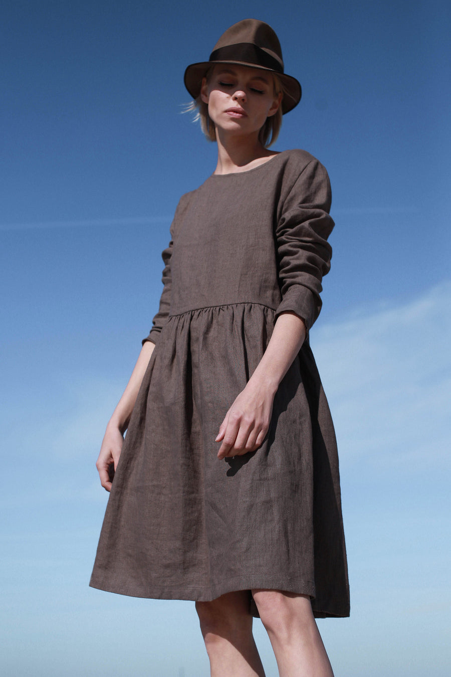 Walnut Brown Linen Dress With Long Sleeves