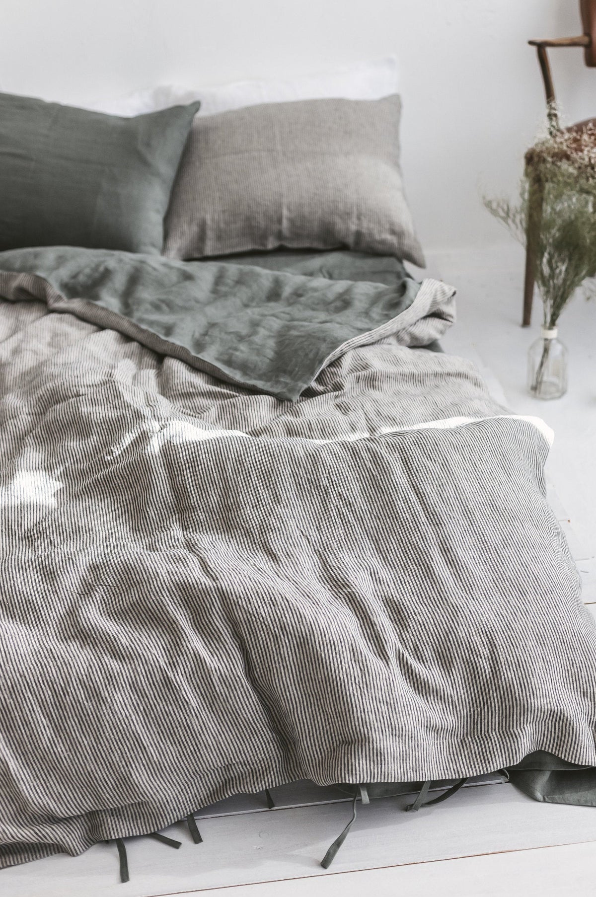 Striped Black And Safari Green Linen Duvet Cover