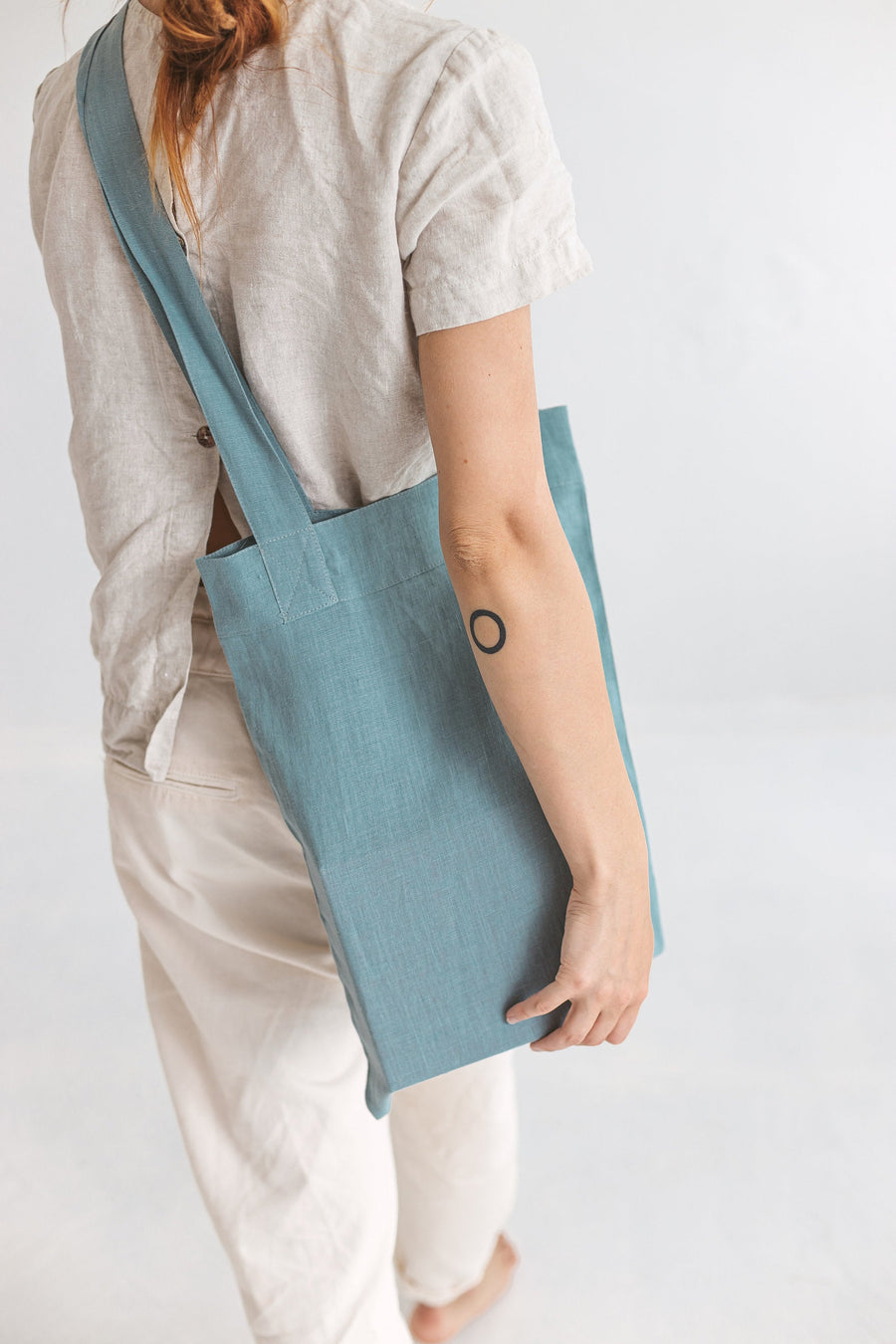 Set Of 2 Dusty Aqua Linen Tote Bags