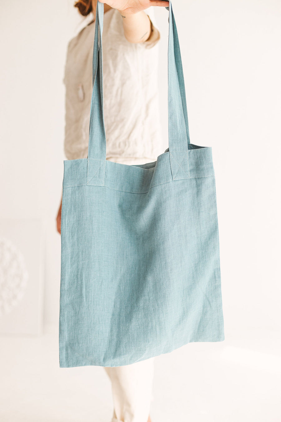 Set Of 2 Dusty Aqua Linen Tote Bags