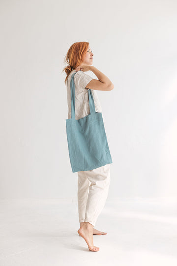 Set Of 2 Dusty Aqua Linen Tote Bags