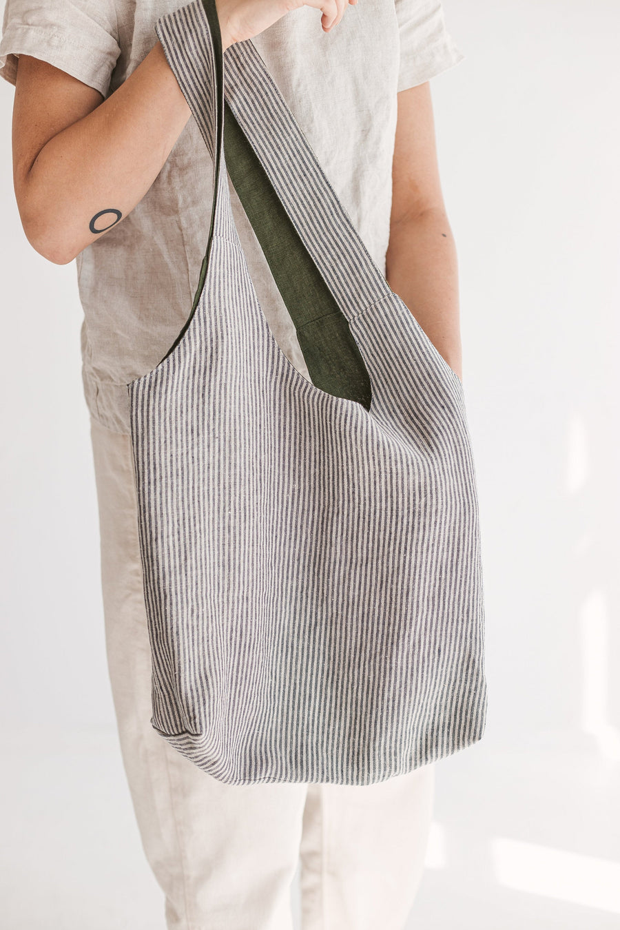 Dark Green Reversible Linen Tote Bag