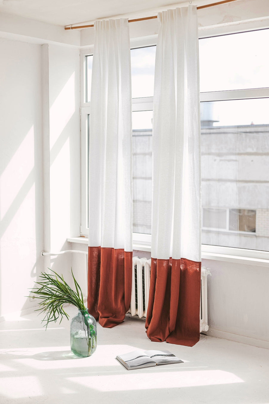 White And Amber Color Block Linen Curtain