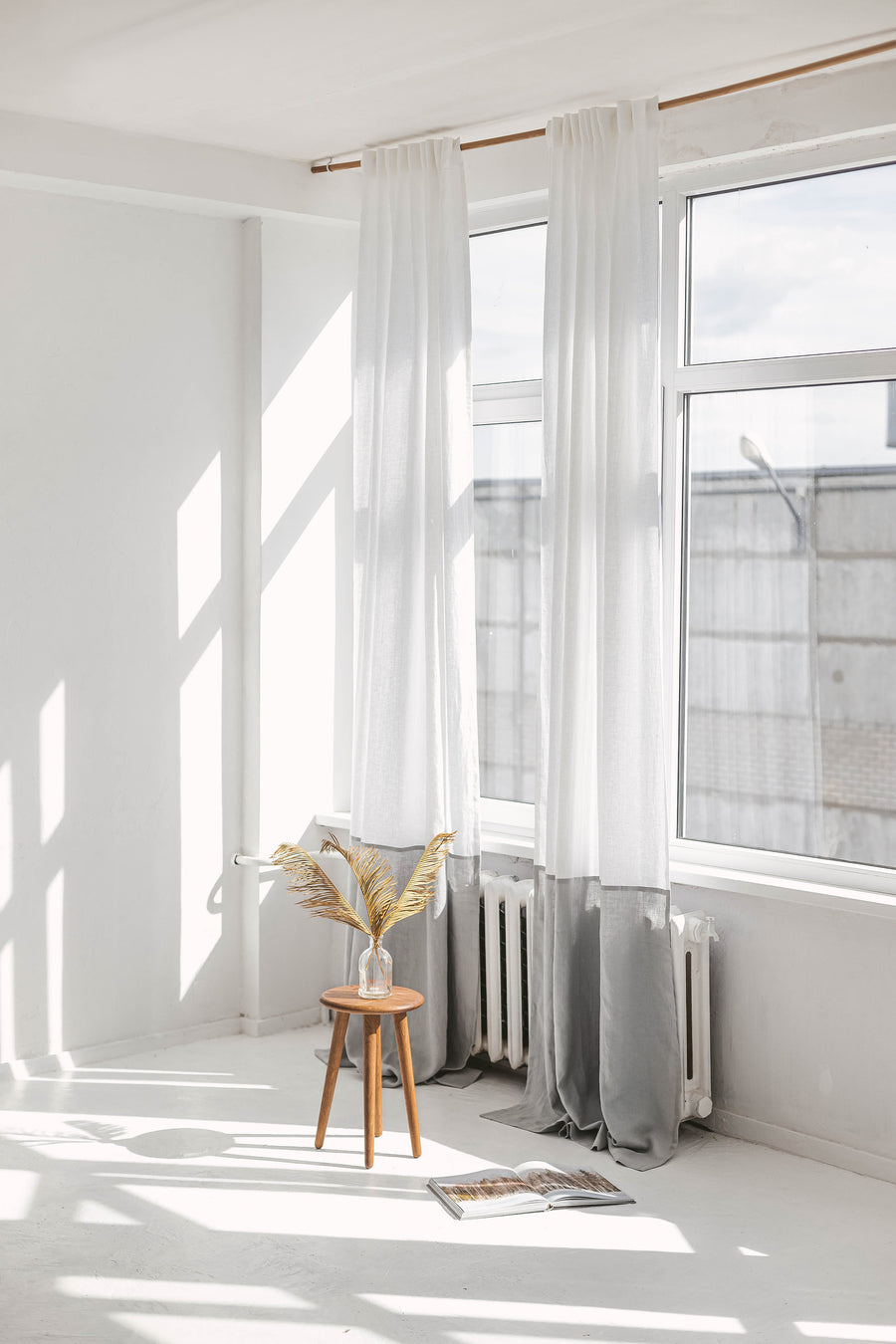 White And Cloud Gray Color Block Linen Curtain