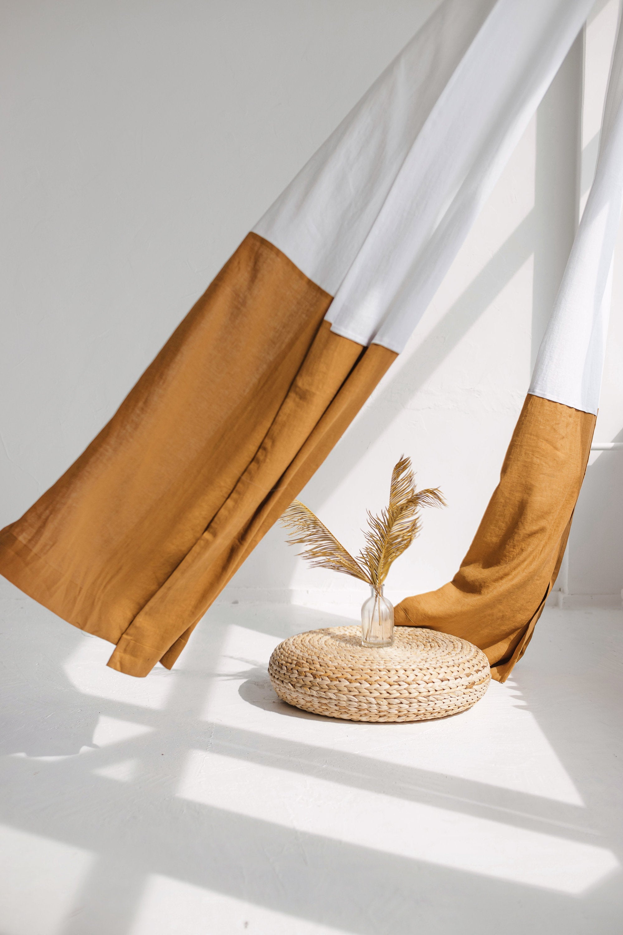 White And Amber Color Block Linen Curtain
