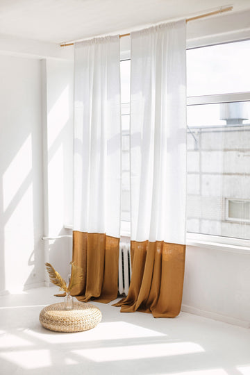 White And Amber Color Block Linen Curtain