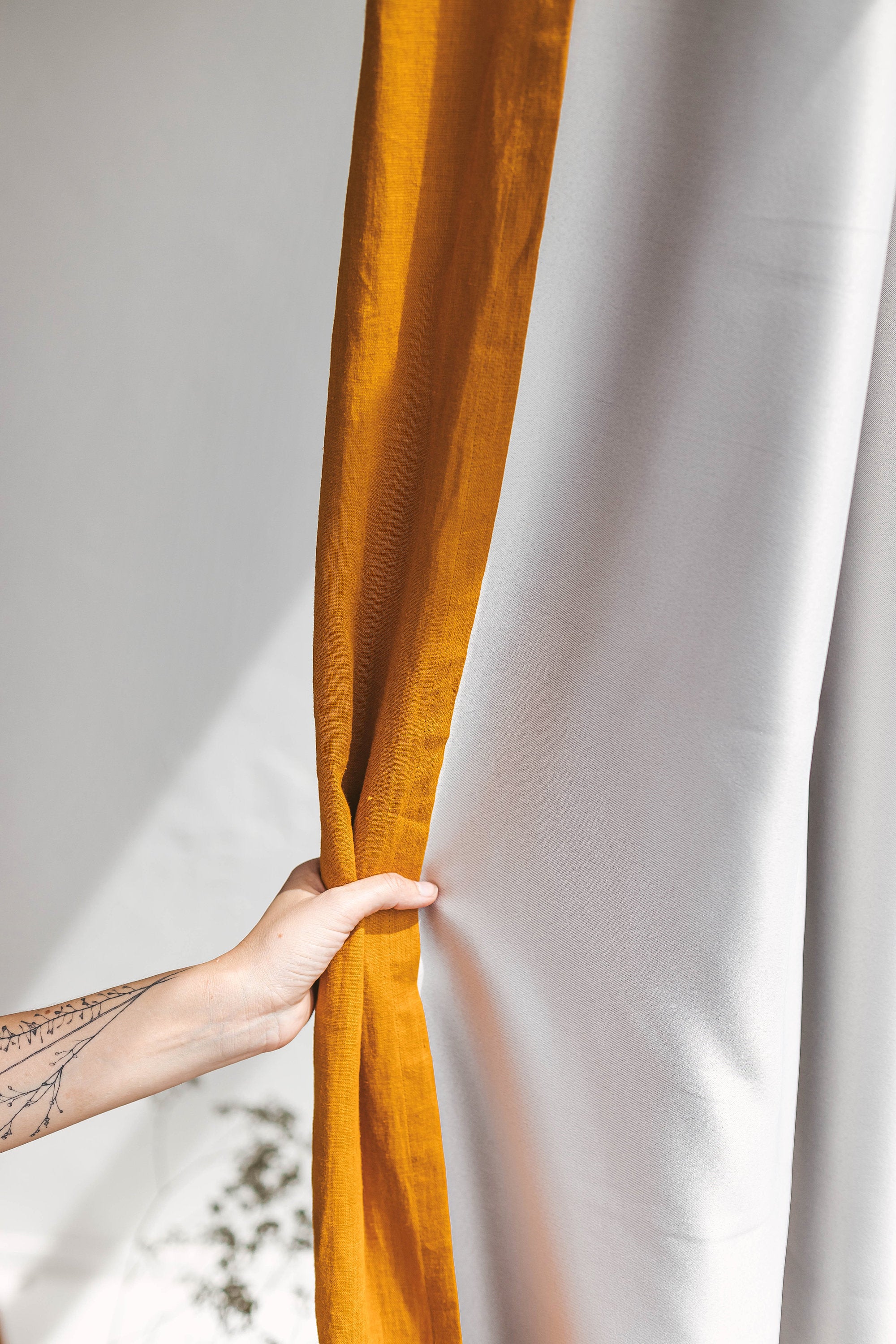 110"/280 Cm Width Mustard Linen Curtain With Blackout Lining