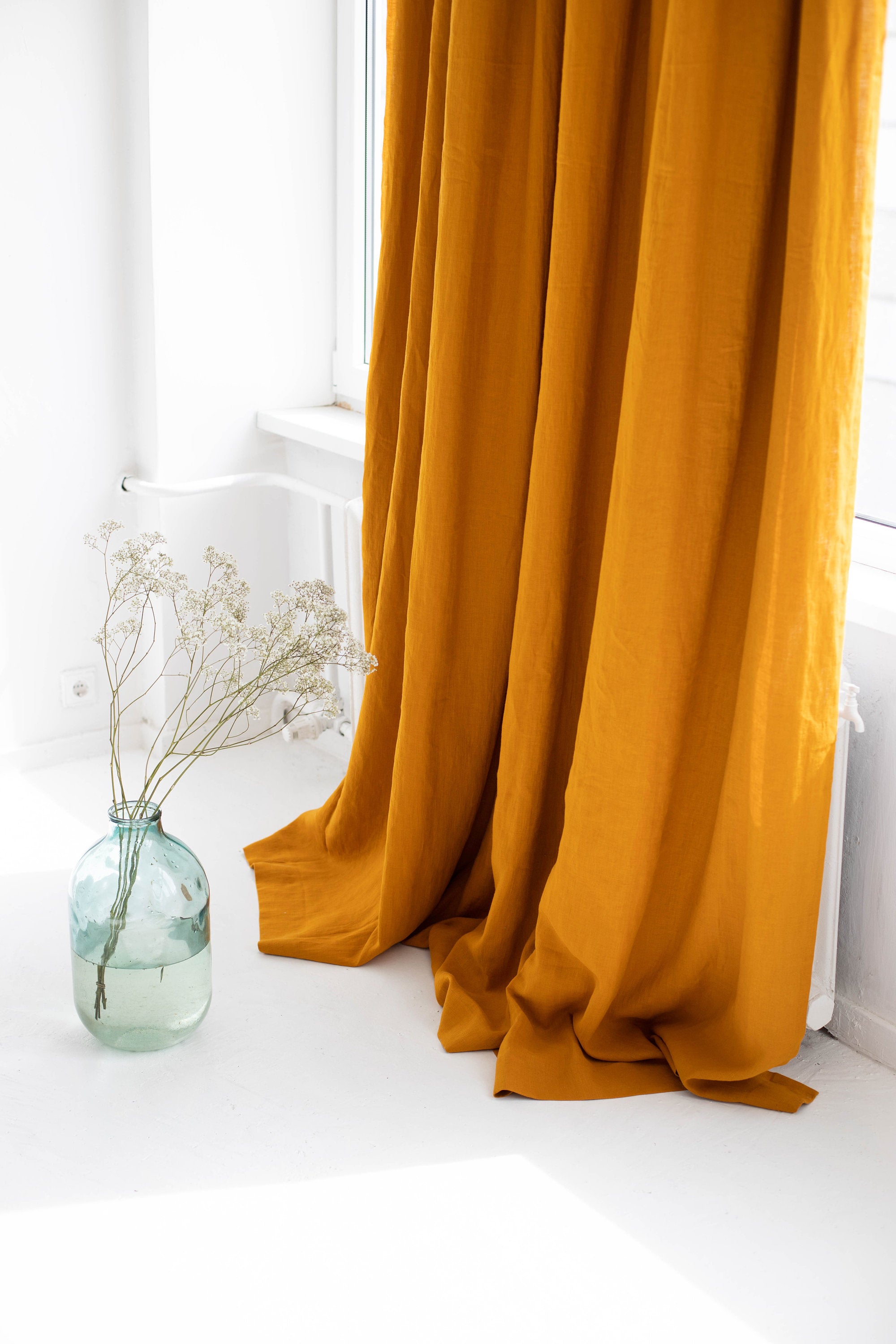 110"/280 Cm Width Mustard Linen Curtain With Blackout Lining