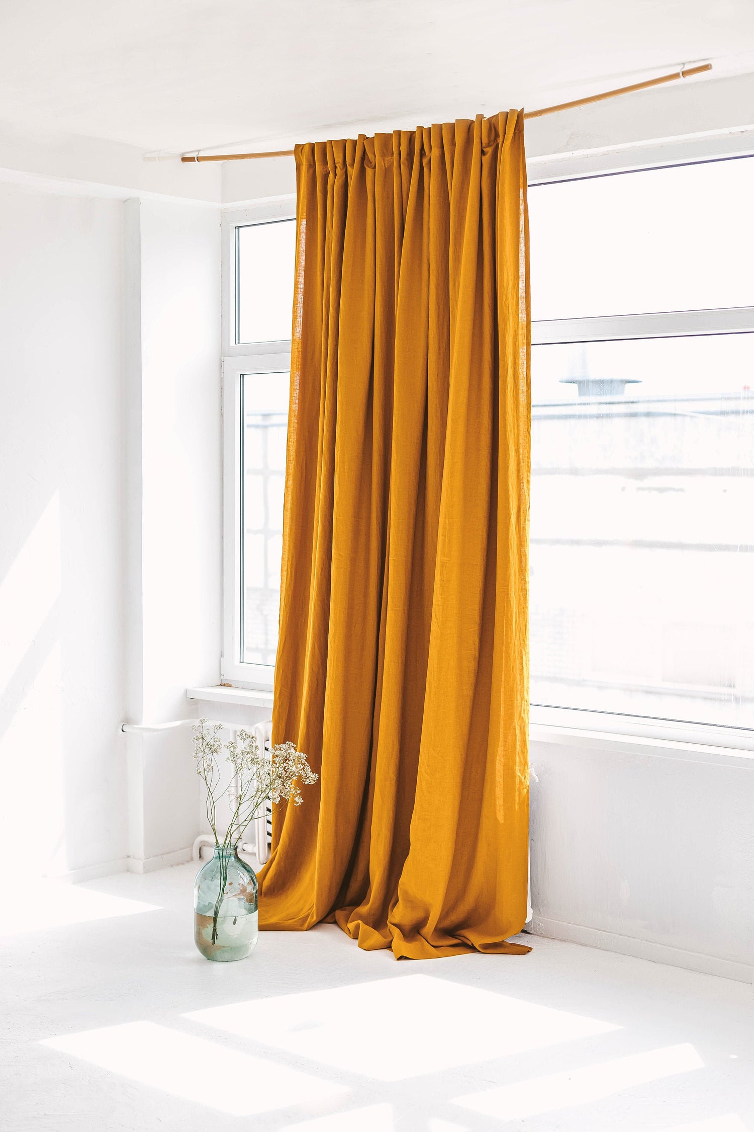 110"/280 Cm Width Mustard Linen Curtain With Blackout Lining