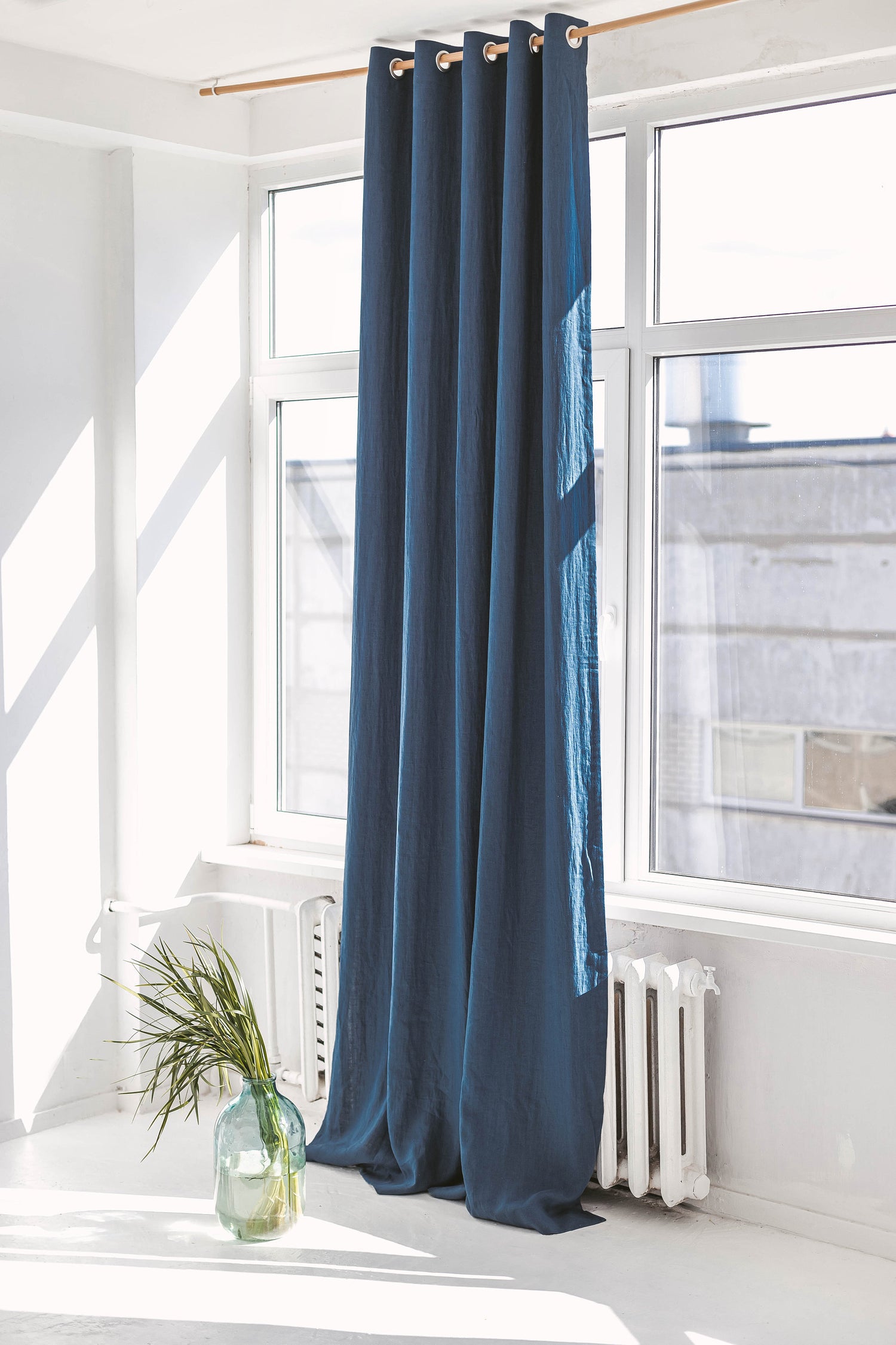 55"/140 Cm Width Harbour Blue Linen Curtain With Grommets And Blackout Lining