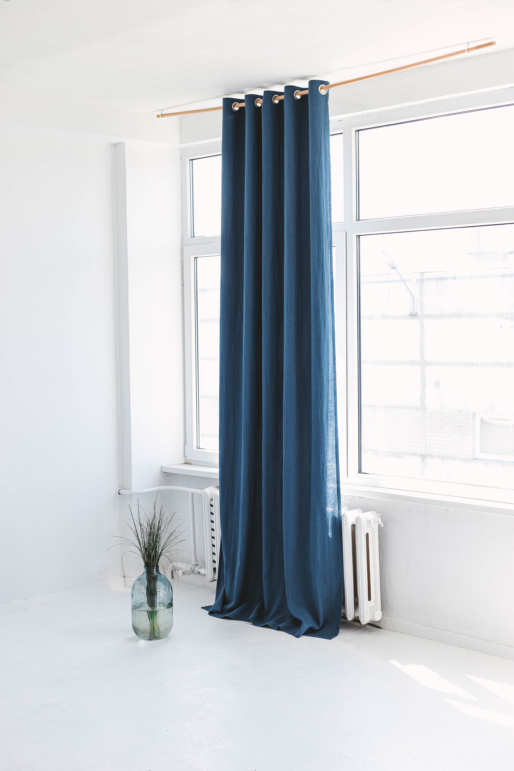 55"/140 Cm Width Harbour Blue Linen Curtain With Grommets And Blackout Lining