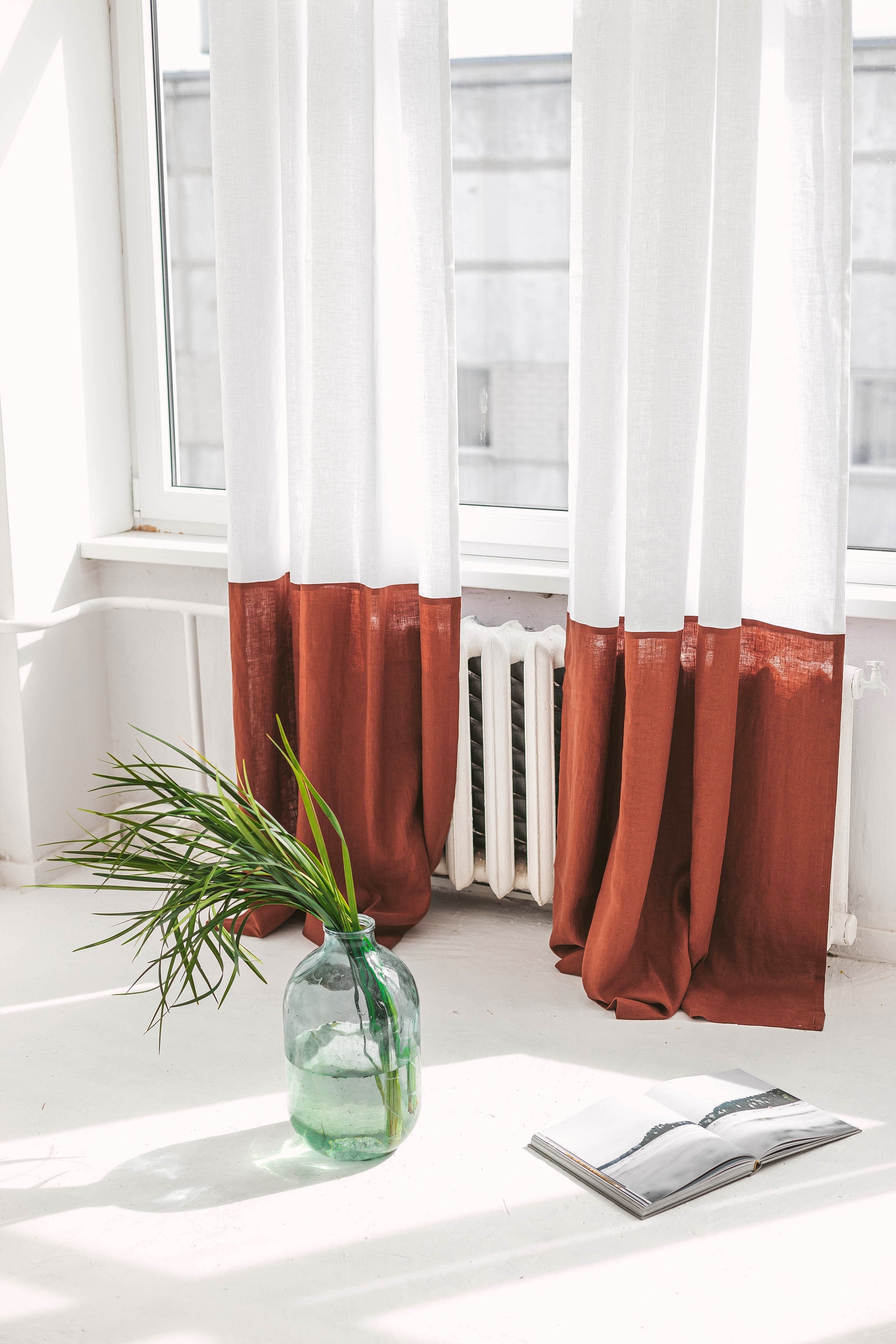 White And Rusty Color Block Linen Curtain