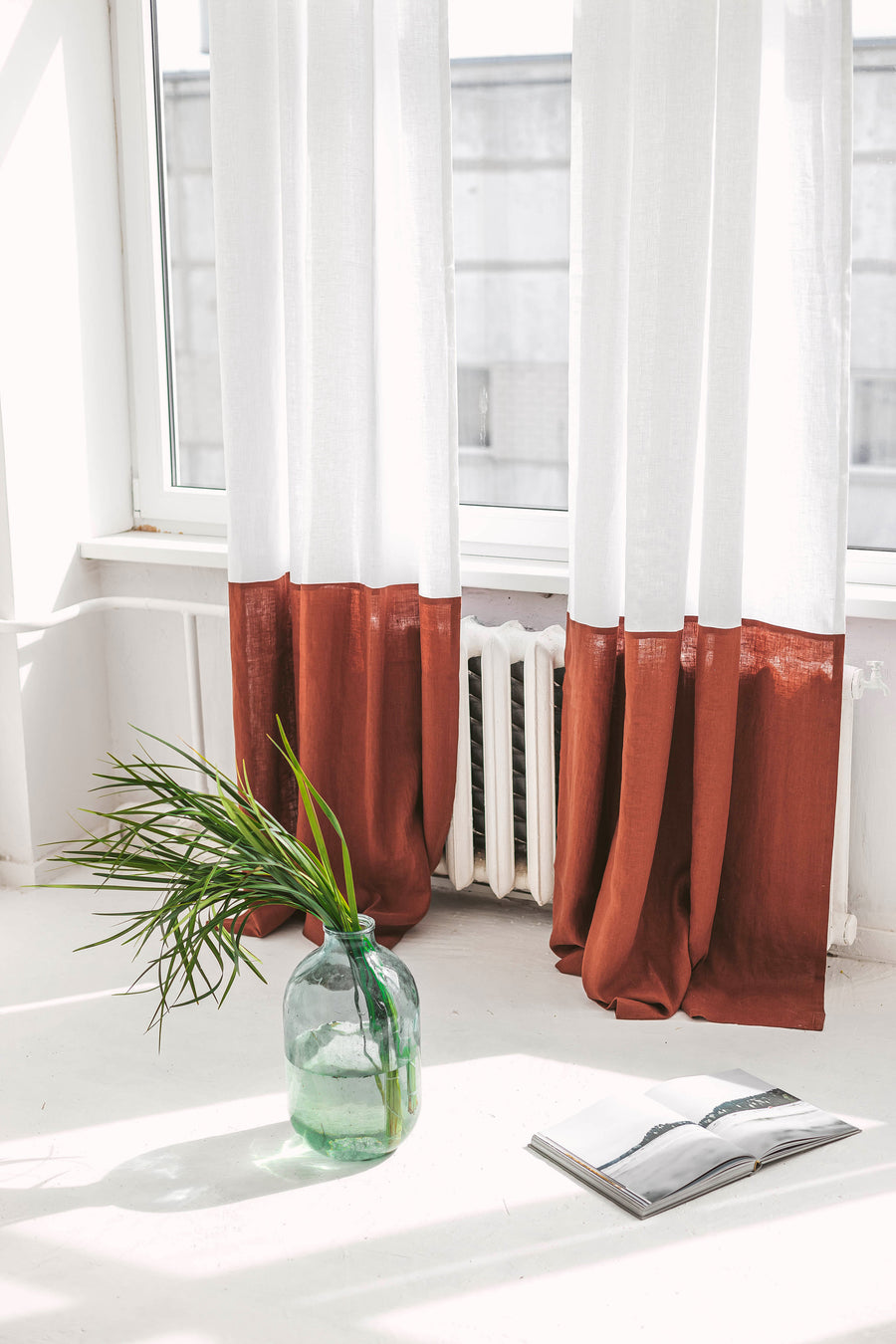 White And Cloud Gray Color Block Linen Curtain