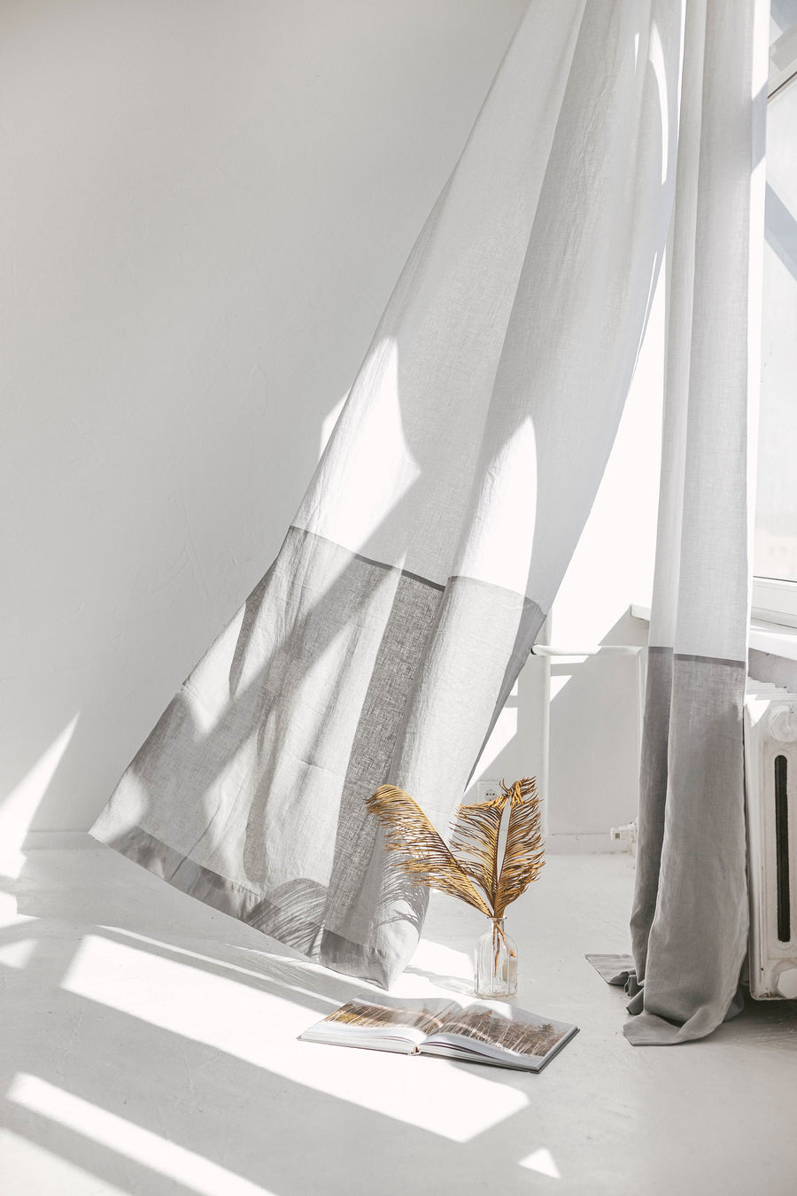 White And Cloud Gray Color Block Linen Curtain