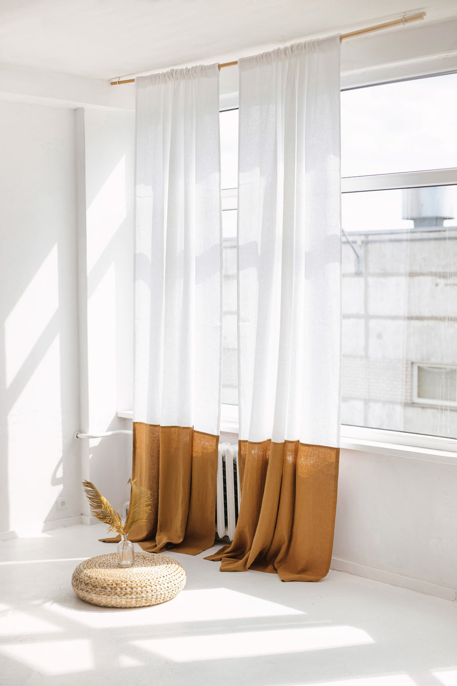 White And Cloud Gray Color Block Linen Curtain