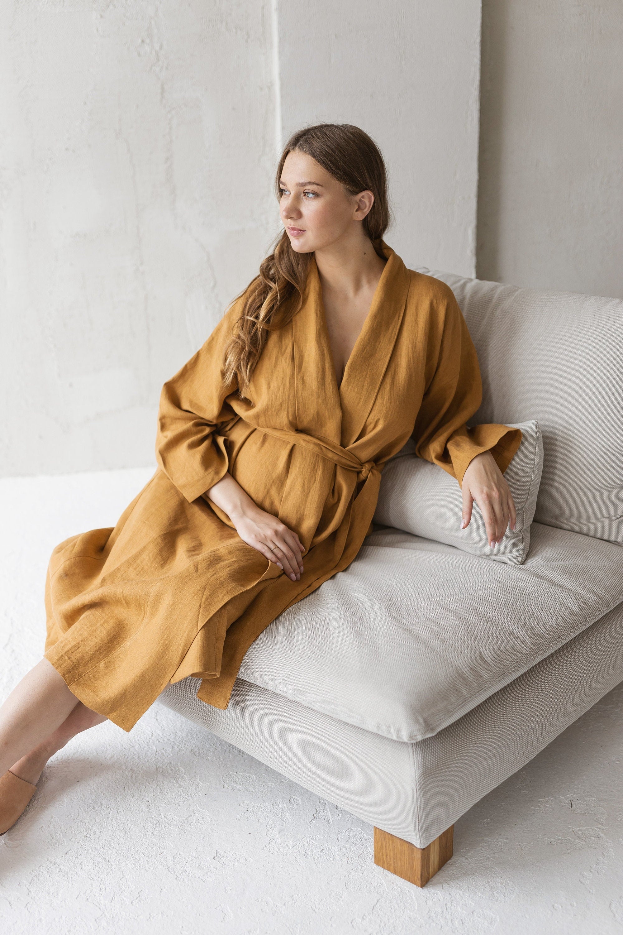 Linen Maternity Bathrobe – Sand Snow Linen