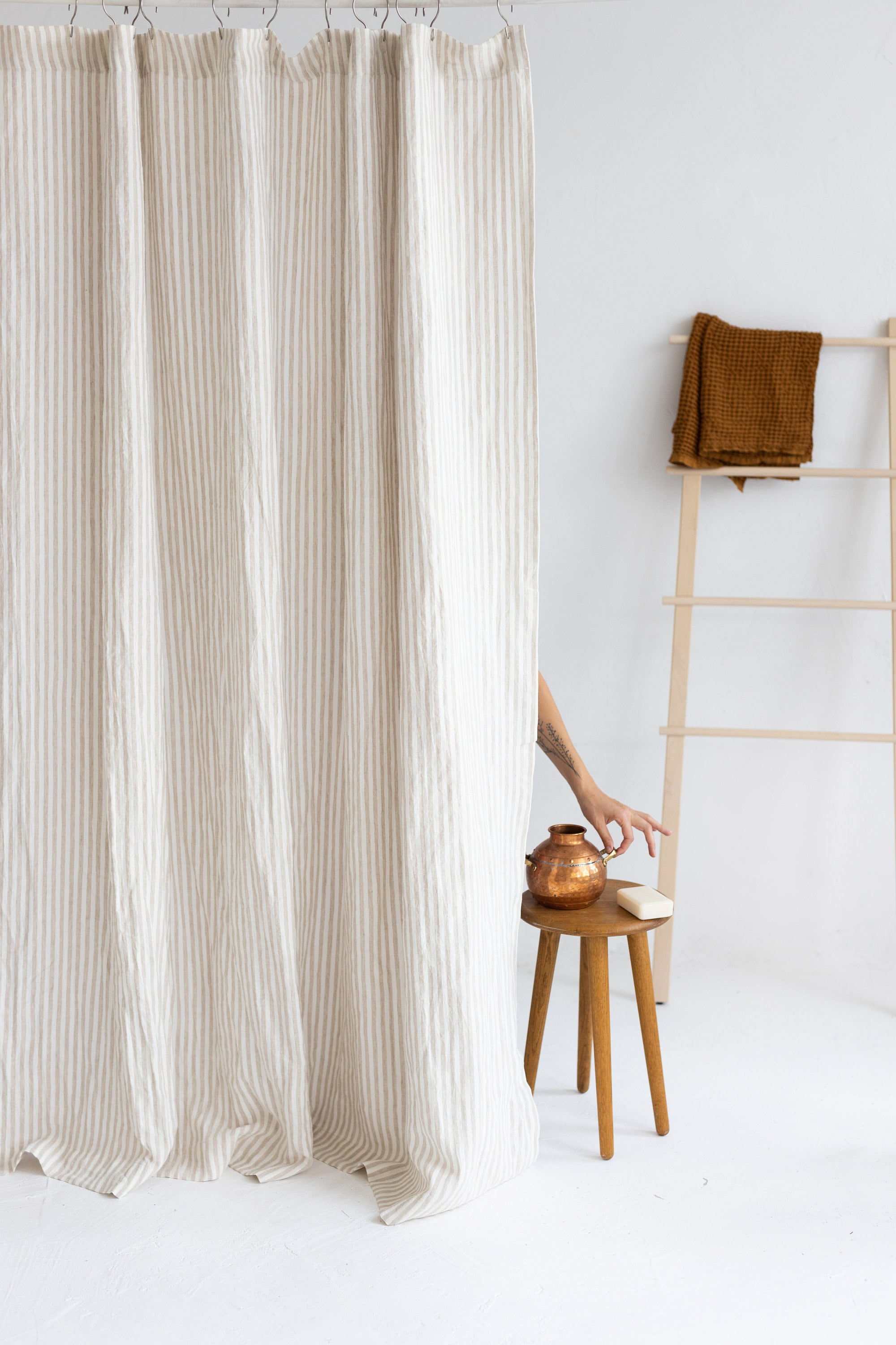 Waterproof Natural Striped Linen Shower Curtain 78"/200CM WIDTH Sand