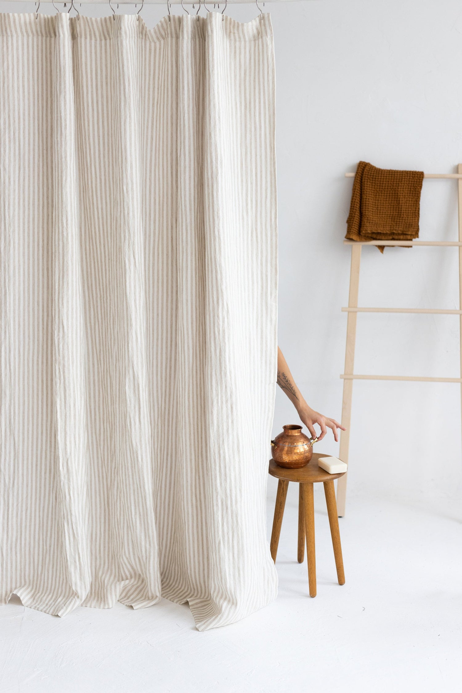 Waterproof Natural Striped Linen Shower Curtain 78"/200CM WIDTH