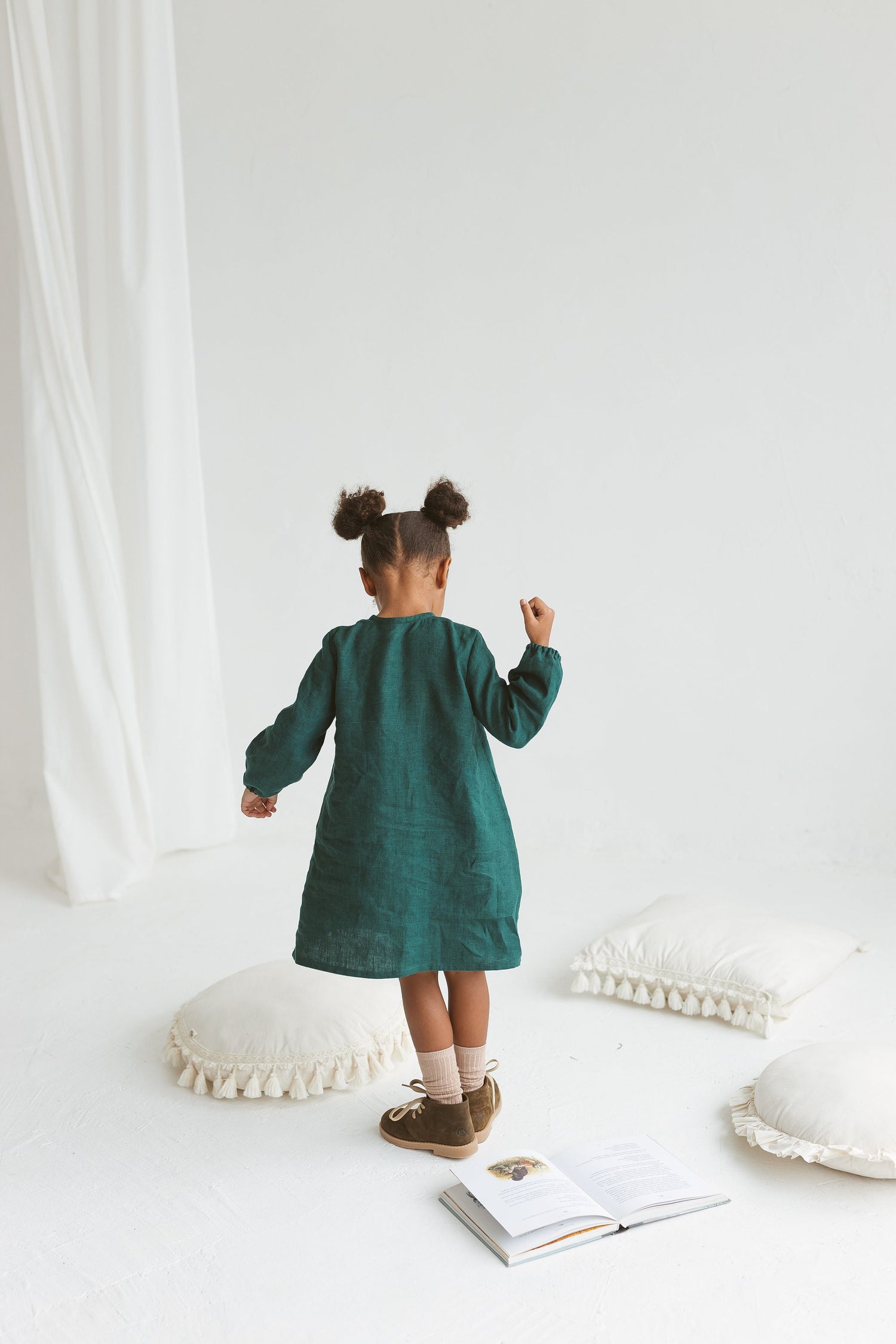 Emerald Linen Girls Dress