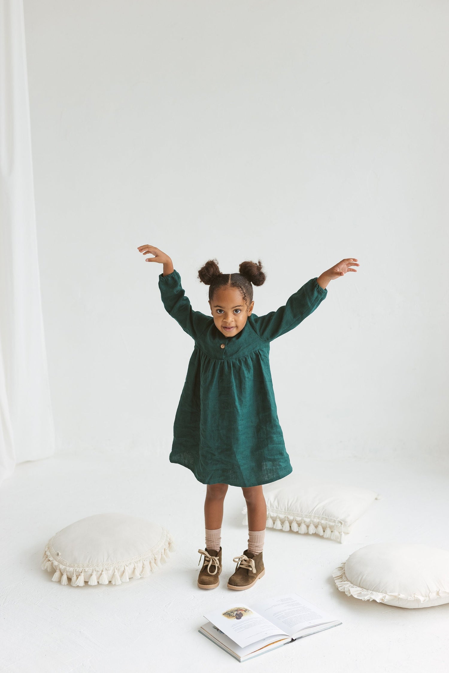 Emerald Linen Girls Dress