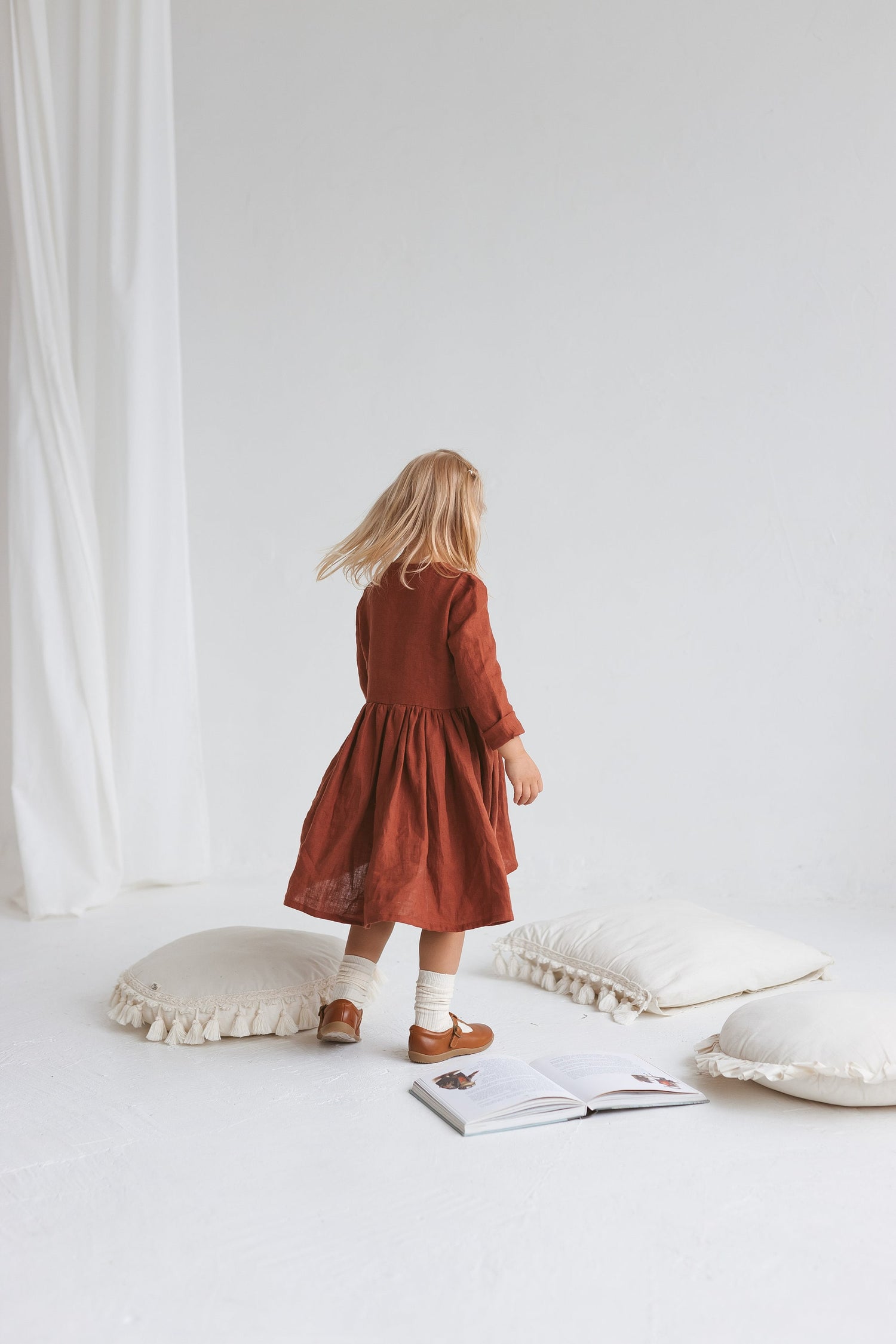 childrens linen dresses Girls Rusty Linen Dress With Buttons
