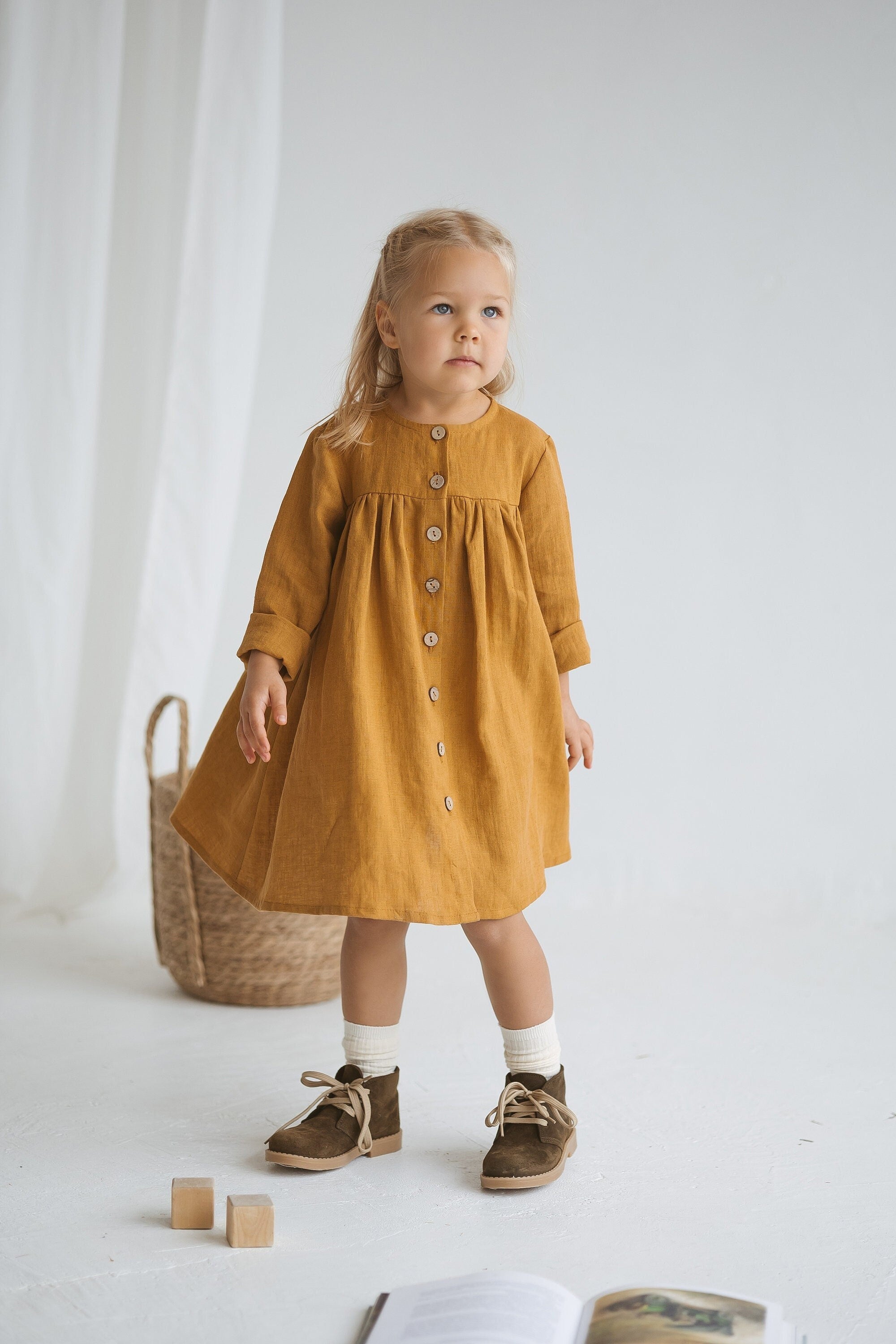 Girls Linen Dress With Buttons