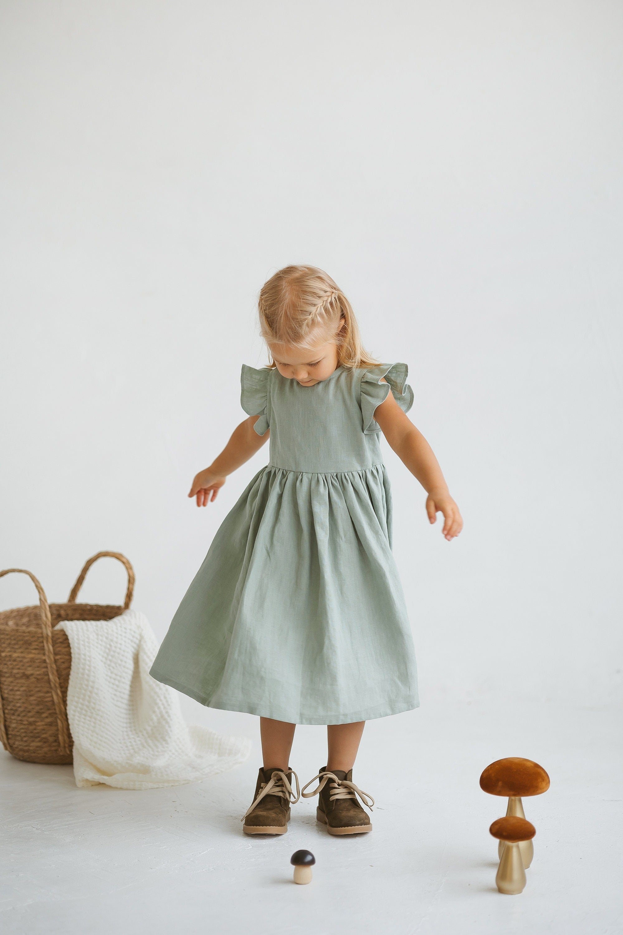 Sage Linen Girls Dress
