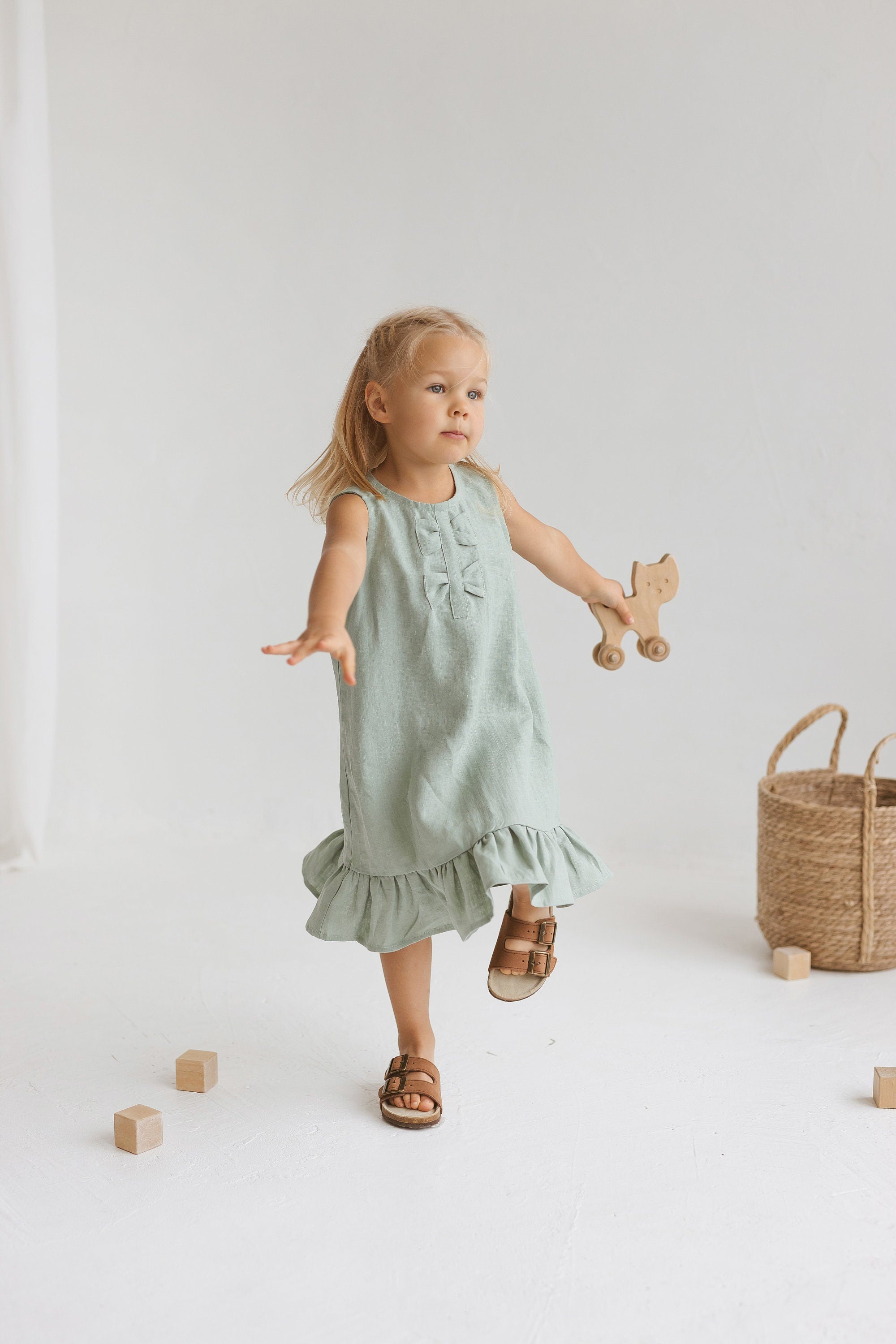 Sage Linen Girls Dress