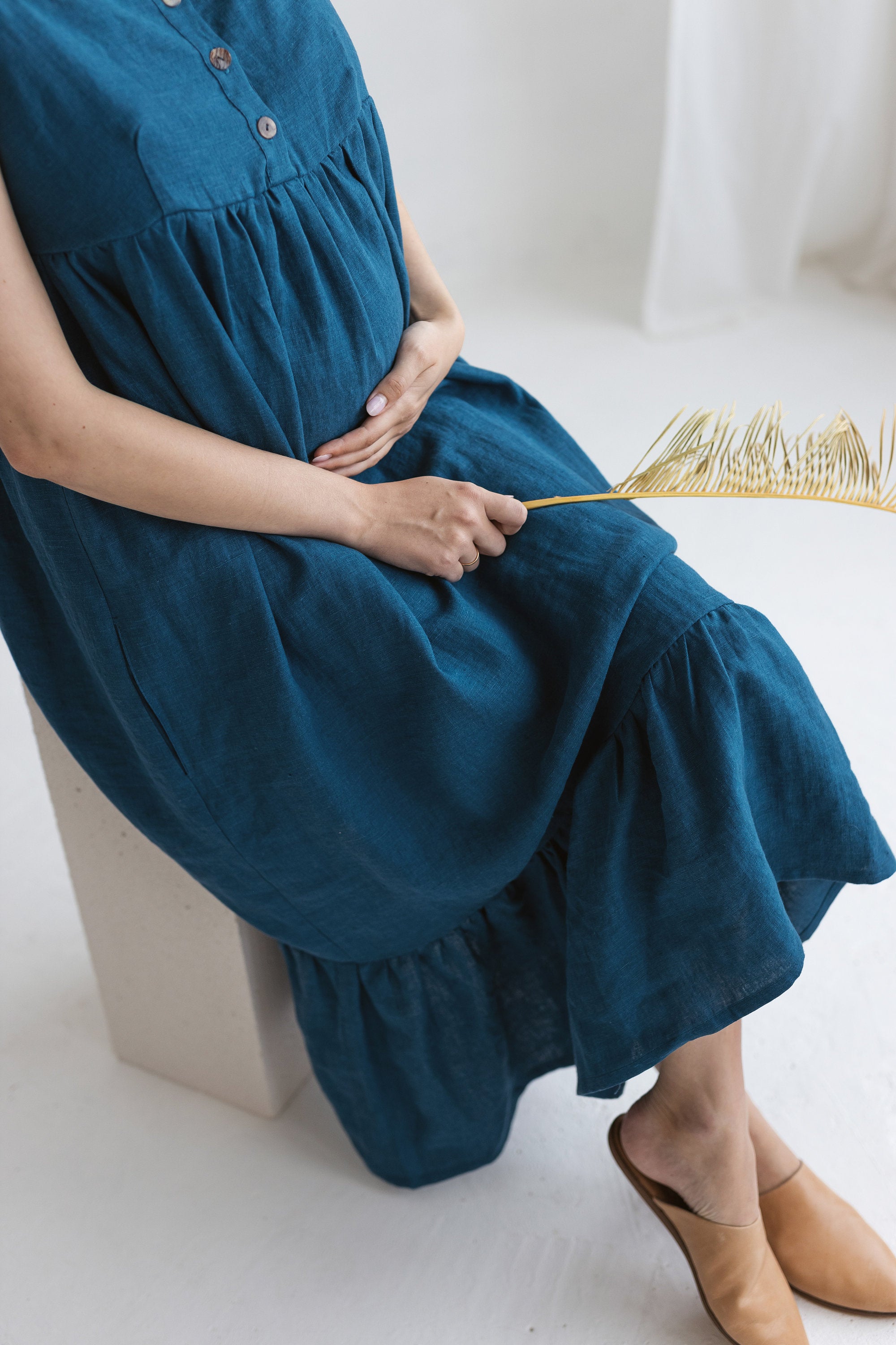 Dark Teal Linen Maternity Dress